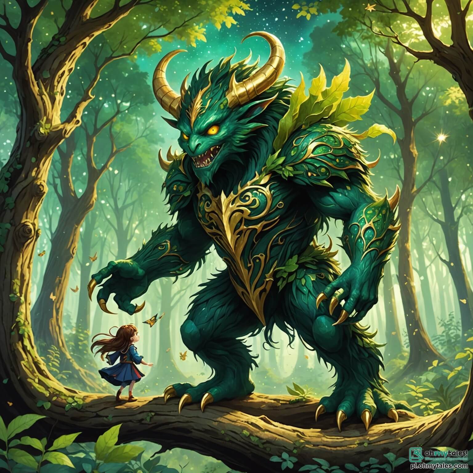 Une illustration destinée aux enfants représentant un monstre au cœur d'une forêt enchantée, avec une peau d'un vert éclatant parsemée de paillettes dorées, des yeux pétillants comme des étoiles filantes, et de longues griffes délicates qui semblent danser au rythme du vent, se retrouve en quête d'amitié et de compréhension dans un royaume où les arbres majestueux aux troncs noueux s'élèvent vers le ciel, leurs feuilles scintillant comme des émeraudes sous les rayons du soleil, tandis qu'il croise le chemin d'une petite fille aux cheveux d'or, vêtue d'une robe en fleurs multicolores, qui, malgré sa peur initiale, découvre peu à peu la douceur cachée derrière l'apparence effrayante de ce monstre, alors qu'ensemble ils explorent les mystères d'un lac aux eaux cristallines, bordé de fleurs luminescentes qui illuminent la nuit, et où des créatures fantastiques comme des licornes argentées et des fées aux ailes translucides dansent autour d'eux, créant un tableau vivant de magie et de tendresse.
