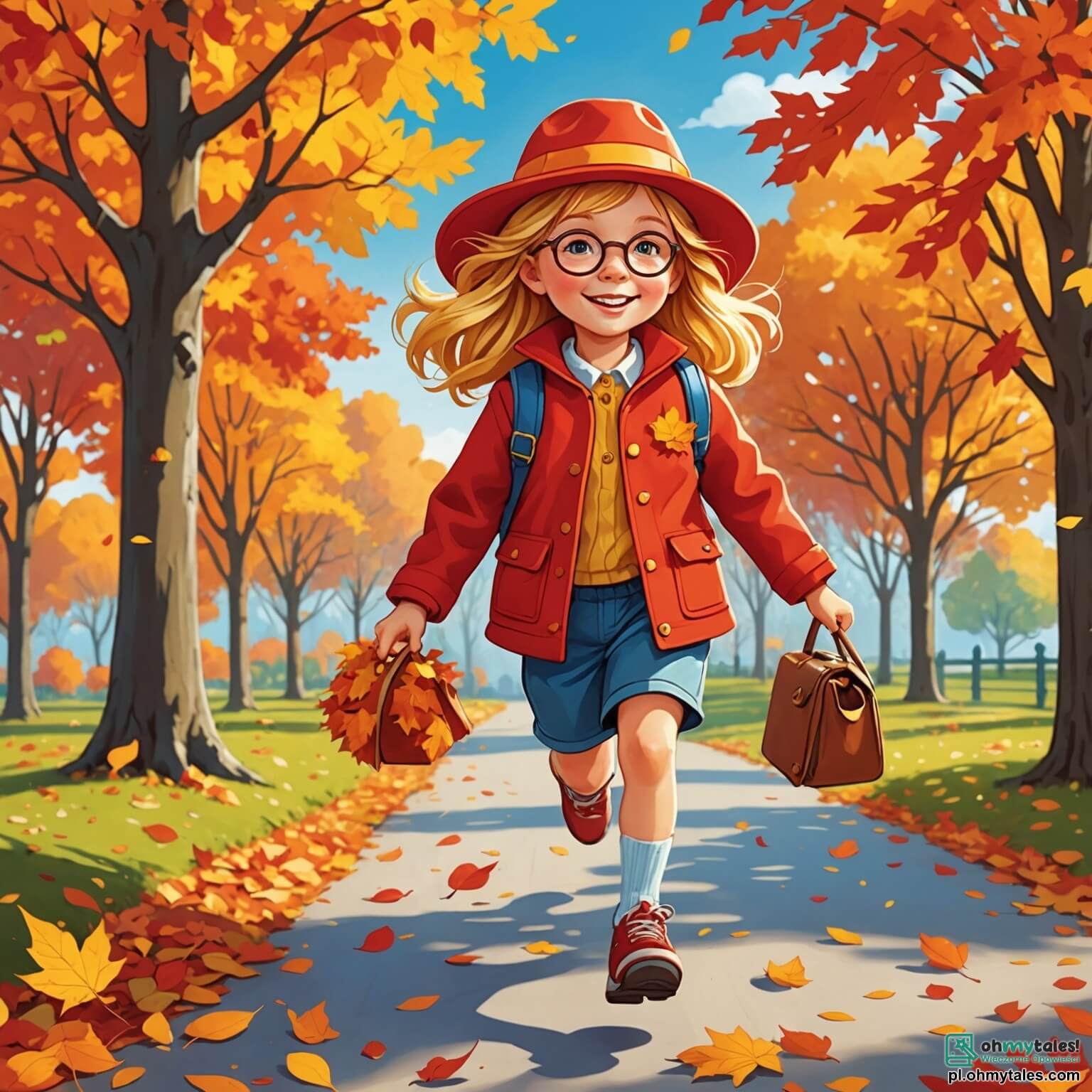Une illustration destinée aux enfants représentant une petite fille aux cheveux dorés, vêtue d'une jolie veste rouge et d'un chapeau en feutre, courant joyeusement dans un parc aux couleurs flamboyantes de l'automne, où les arbres se parent de feuilles dorées, rouges et oranges, tandis qu'elle s'emploie à ramasser des feuilles colorées avec son ami, un garçon aux lunettes rondes et aux cheveux bruns, sous un ciel bleu parsemé de nuages cotonneux, entourés de rires d'autres enfants qui s'amusent à créer des couronnes de feuilles et à danser parmi les branches basses, le tout baigné par la douce lumière du soleil d'octobre.