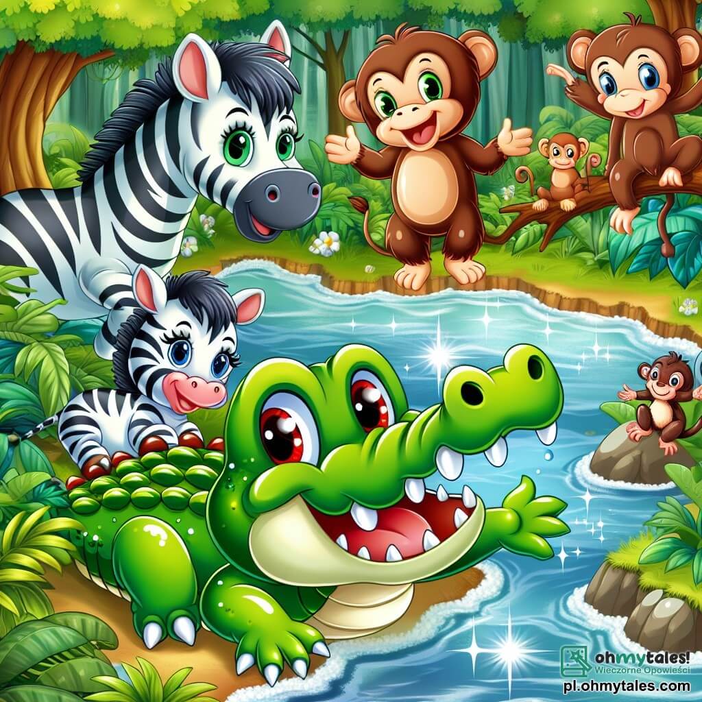 Une illustration sous forme de dessin destinée aux enfants représentant une scène vibrante d'une d jungle luxuriante, avec un crocodile aux écailles vertes brillantes et aux yeux rubis, qui sourit joyeusement tout en jouant avec un groupe d'animaux : un petit zèbre aux rayures noires et blanches qui saute, une vache rousse au pelage lustré qui regarde avec curiosité, et un singe espiègle suspendu à une branche, tous unis dans une danse joyeuse au bord d'une rivière scintillante, symbolisant l'amitié et l'aventure.