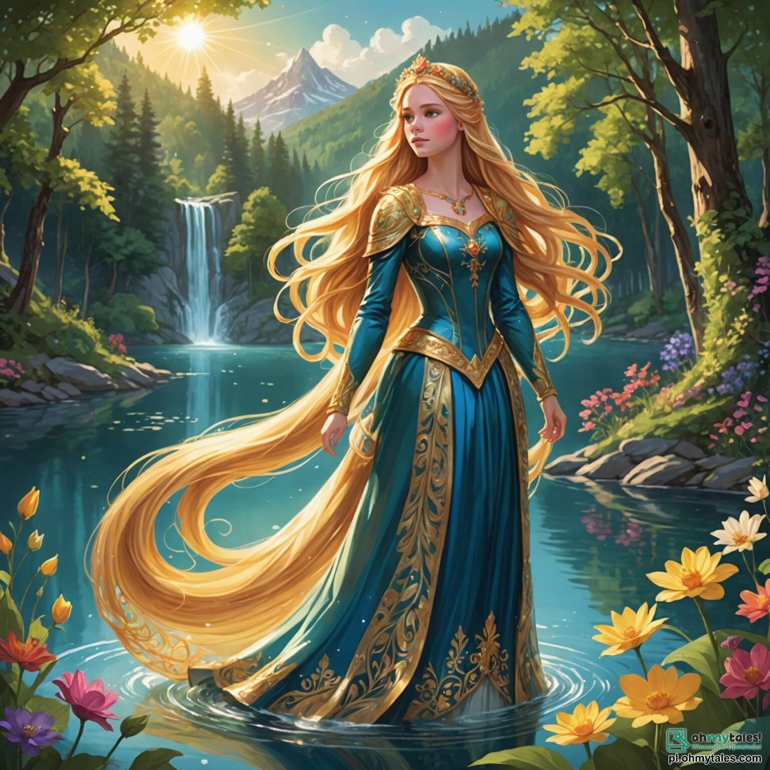 Une illustration destinée aux enfants représentant une princesse aux longs cheveux dorés, scintillant comme les rayons du soleil, vêtue d'une robe chatoyante ornée de fleurs éclatantes, se tenant courageusement au bord d'un lac magique aux eaux cristallines, entourée de forêts luxuriantes où les arbres dansent au gré du vent, tandis qu'à ses côtés se tient un prince au regard déterminé, vêtu d'une armure étincelante, prêt à l'aider dans sa quête pour sauver leur royaume d'une tempête menaçante, avec en toile de fond un château majestueux aux tours élancées, dont les murs de pierre sont recouverts de lierre et de fleurs grimpantes, créant un tableau enchanteur d'aventure et de bravoure.