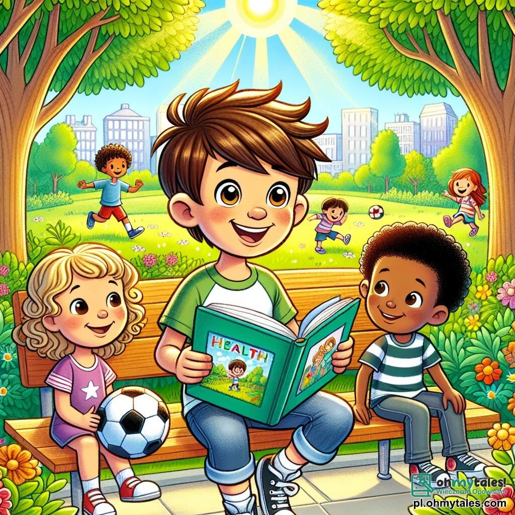 Une illustration sous forme de dessin destinée aux enfants représentant un parc ensoleillé avec de grands arbres verdoyants et des fleurs colorées, où un garçon de 9 ans aux cheveux bruns et aux yeux pétillants, assis sur un banc, lit un livre sur la santé tout en souriant, entouré de deux amis : une fille aux cheveux blonds et bouclés qui tient une balle de foot et un garçon aux cheveux noirs qui porte un t-shirt rayé, tous deux l'observant avec curiosité et joie, illustrant un moment de camaraderie et d'apprentissage sur l'importance de prendre soin de soi.