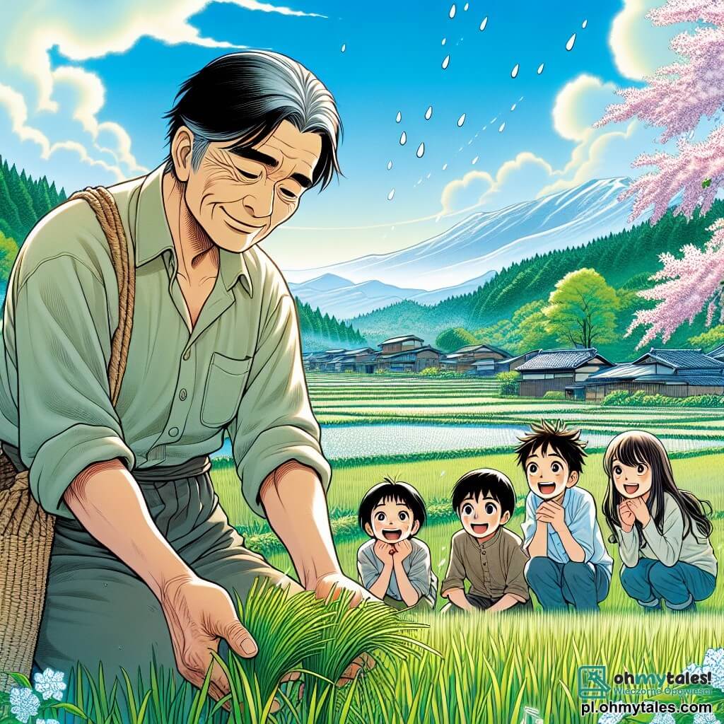 Une illustration sous forme de dessin destinée aux enfants représentant un champ verdoyant au cœur d'une paisible wioska japonaise, où un homme d'âge moyen, aux cheveux noirs et aux traits doux, s'agenouille pour planter des graines de riz, tandis qu'un groupe d'enfants, deux garçons aux yeux pétillants et une fille aux cheveux longs, l'observe avec émerveillement, tous souriant et riant, symbolisant l'harmonie entre l'homme et la nature, avec des cerisiers en fleurs en arrière-plan et un ciel bleu éclatant, évoquant la magie et la joie de la vie rurale.