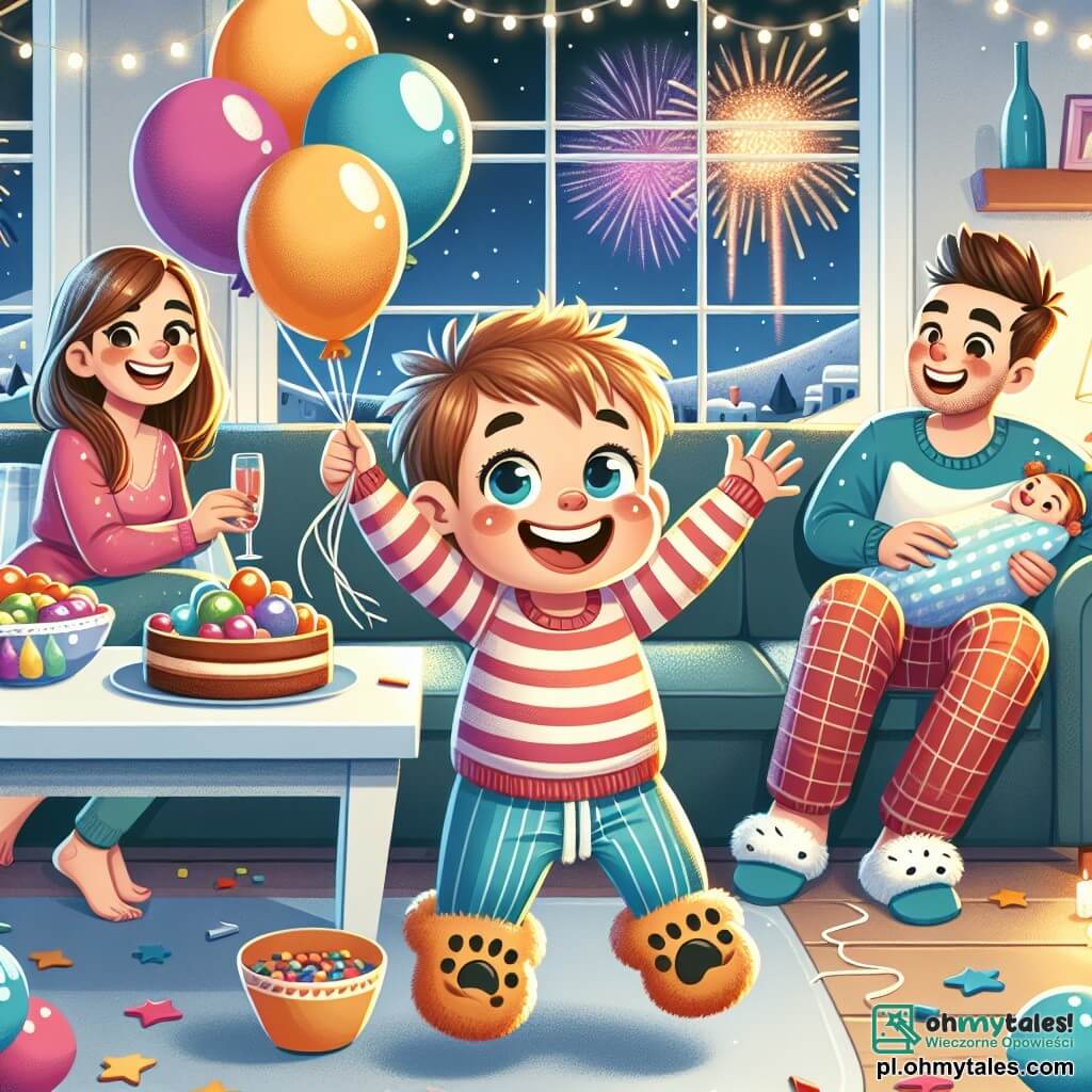 Une illustration sous forme de dessin destinée aux enfants représentant une chaleureuse salle de séjour décorée pour le Nouvel An, avec un garçon de 3 ans aux grands yeux brillants et un sourire éclatant, sautant de joie en tenant des ballons colorés, tandis que sa maman, une femme souriante aux cheveux bruns, prépare des collations sur la table, et son papa, un homme amusant portant des chaussons en forme de grandes pattes, fait des grimaces en arrière-plan, le tout baigné dans une ambiance festive avec des guirlandes scintillantes et une grande fenêtre montrant des feux d'artifice illuminant le ciel nocturne.