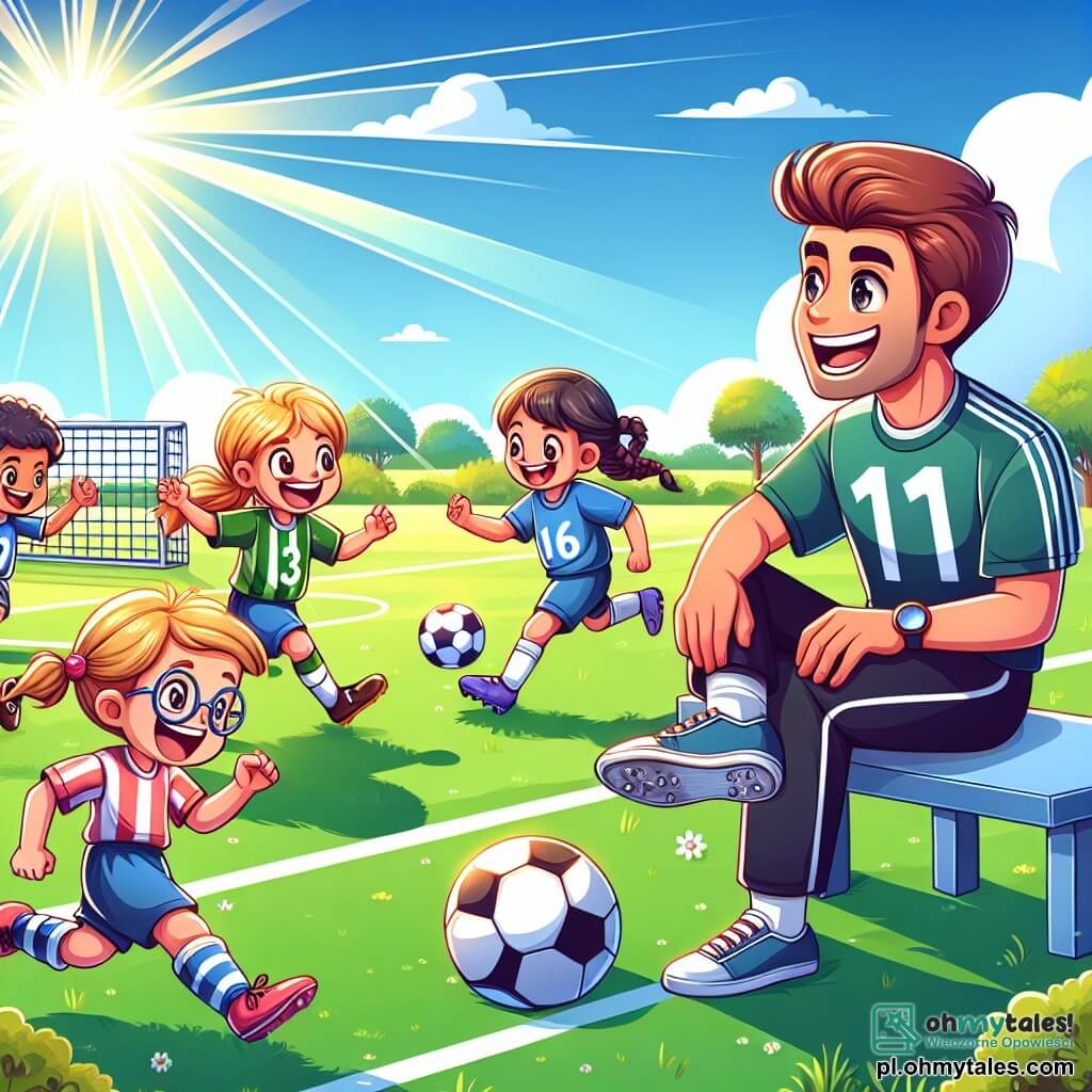 Une illustration sous forme de dessin destinée aux enfants représentant un vaste terrain de football verdoyant, baigné par le soleil, avec un homme grand et souriant aux cheveux bruns, portant un maillot de foot et assis sur un banc, observant des enfants joyeux en train de jouer au football ; parmi eux, une petite fille aux cheveux blonds qui dribble habilement le ballon, un garçon aux lunettes qui applaudit et une autre fille aux tresses qui court vers le but, tous riant et s'amusant ensemble, illustrant l'esprit de camaraderie et de joie du jeu.