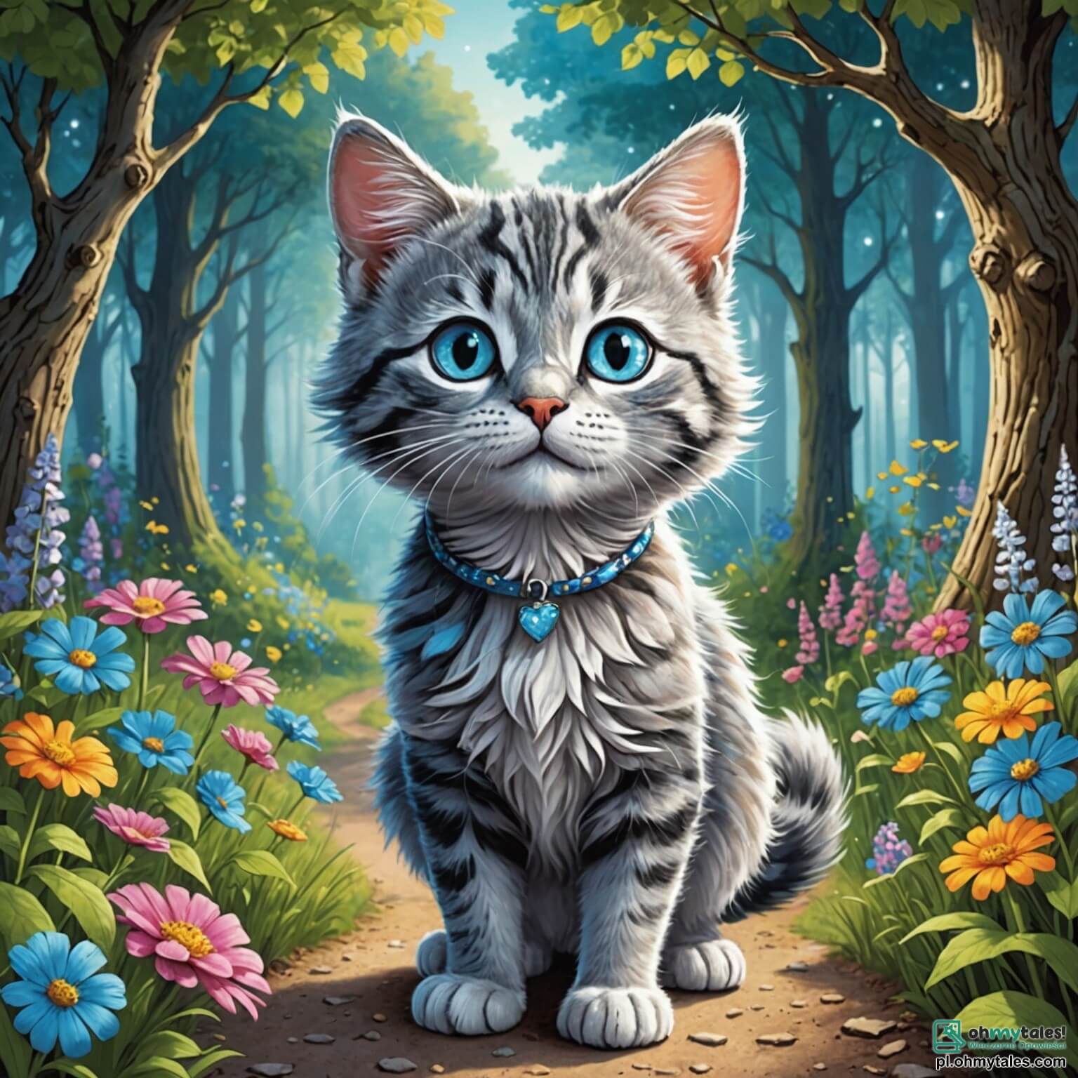 Une illustration destinée aux enfants représentant un chat au pelage argenté étincelant, aux yeux d’un bleu éclatant comme le ciel d'été, se tenant fièrement sur un chemin sinueux bordé de fleurs colorées et parfumées, tandis qu'il s'apprête à partir à l'aventure dans une forêt enchantée où les arbres majestueux, aux troncs noueux et aux feuilles chatoyantes, murmurent des secrets anciens, et où un petit souriceau au regard curieux, son ami fidèle, l'accompagne dans sa quête pour découvrir des merveilles cachées et surmonter les peurs qui les guettent à chaque tournant.