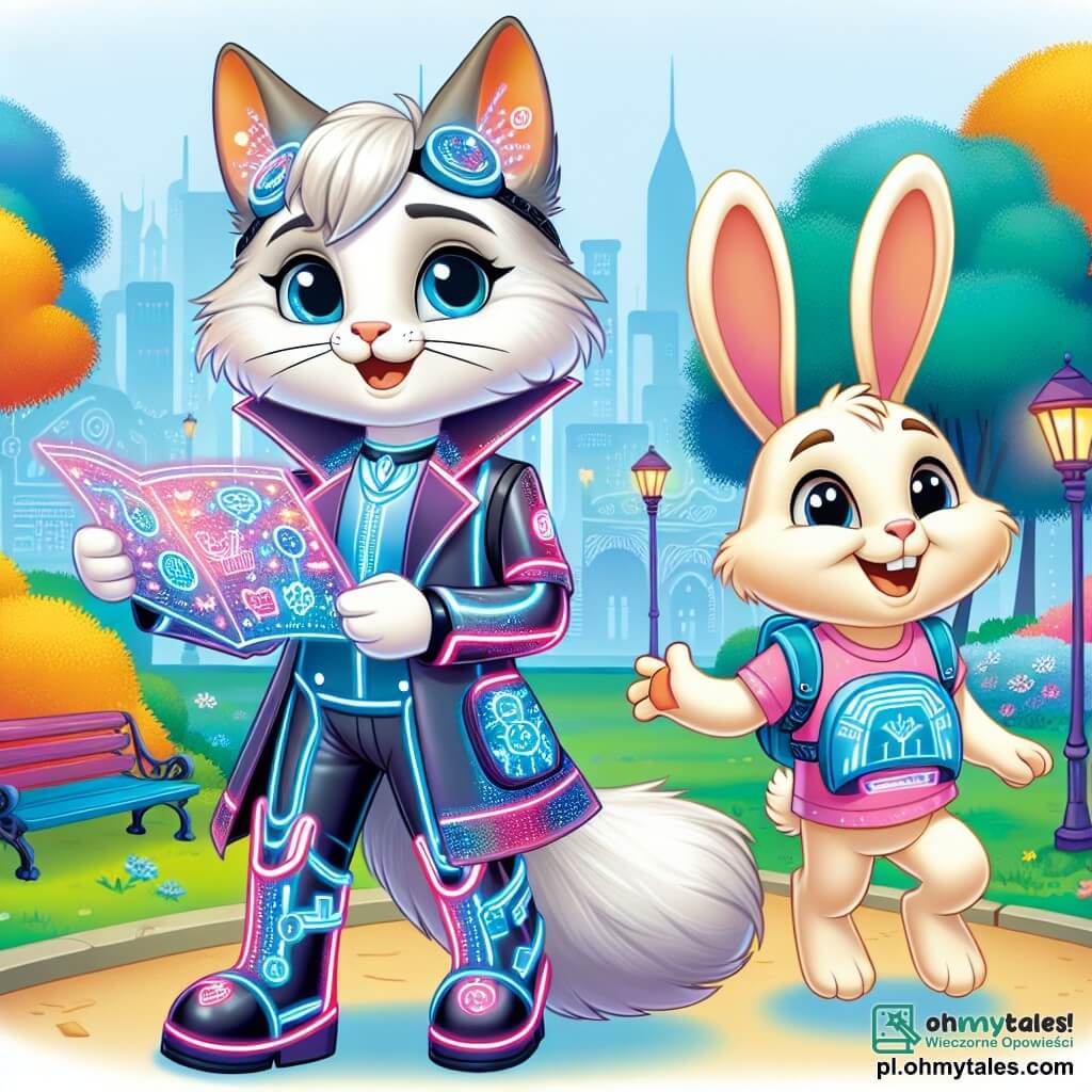 Une illustration sous forme de dessin destinée aux enfants représentant un parc futuriste aux arbres lumineux et aux fleurs holographiques, où un chat élégant avec un pelage soyeux et des bottes brillantes, debout sur ses pattes arrière, sourit tout en tenant une carte d'aventure, est entouré par un petit lapin aux grandes oreilles et au pelage doux, qui saute joyeusement à ses côtés, alors qu'ils planifient ensemble un festival de la amitié pour rassembler les habitants de leur ville et célébrer les vraies valeurs de la vie.