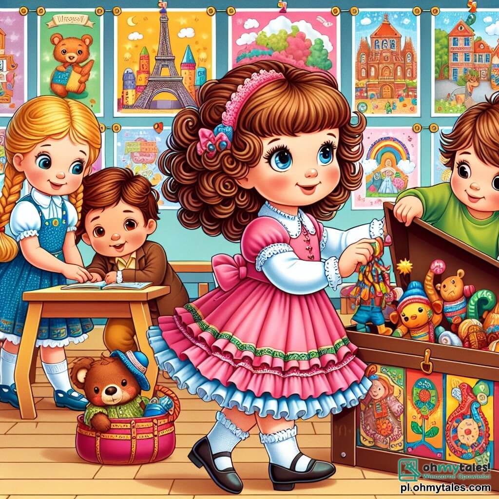 Une illustration sous forme de dessin destinée aux enfants représentant une salle de classe colorée avec des affiches joyeuses sur les murs, où une petite fille de 5 ans aux cheveux châtains bouclés et portant une robe rose à volants, est en train de fouiller dans un grand coffre à jouets, entourée de deux amis : une fille aux cheveux blonds tressés, vêtue d'une blouse bleue, qui observe avec curiosité, et un garçon aux cheveux bruns courts, portant un t-shirt vert, qui tient un carnet et prend des notes, alors qu'ils cherchent ensemble une décoration disparue pour le festival de l'école.