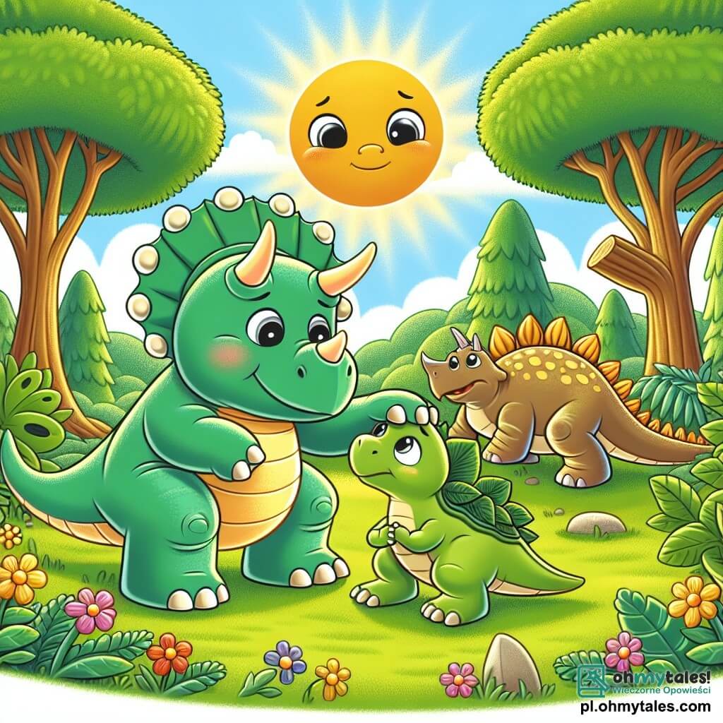 Une illustration sous forme de dessin destinée aux enfants représentant une forêt verdoyante et ensoleillée, où un petit tricératops aux trois cornes et à la grande tête ronde, avec un sourire amical, aide un jeune dinosaure en détresse, un petit dinosaure au corps mince et aux grandes yeux brillants, tandis qu'une stegozaure au dos couvert de plaques en forme de feuilles les observe avec un air encourageant, le tout entouré de fleurs colorées et d'arbres majestueux, symbolisant l'amitié et l'entraide dans un monde préhistorique.