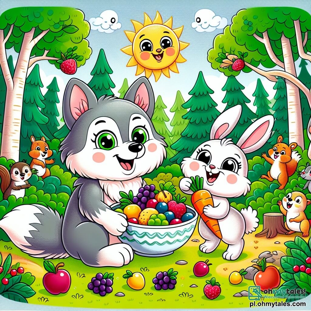 Une illustration sous forme de dessin destinée aux enfants représentant une clairière ensoleillée au cœur d'une forêt verdoyante, où un loup aux pelage gris et aux yeux verts pétillants, souriant et joyeux, est en train de préparer une grande sa salade de fruits avec des baies colorées, tandis qu'un petit lapin aux grandes oreilles et à la fourrure blanche l'aide en tenant une carotte, et plusieurs autres animaux comme des écureuils et des oiseaux les entourent, tous riant et s'amusant ensemble dans une atmosphère festive et amicale.