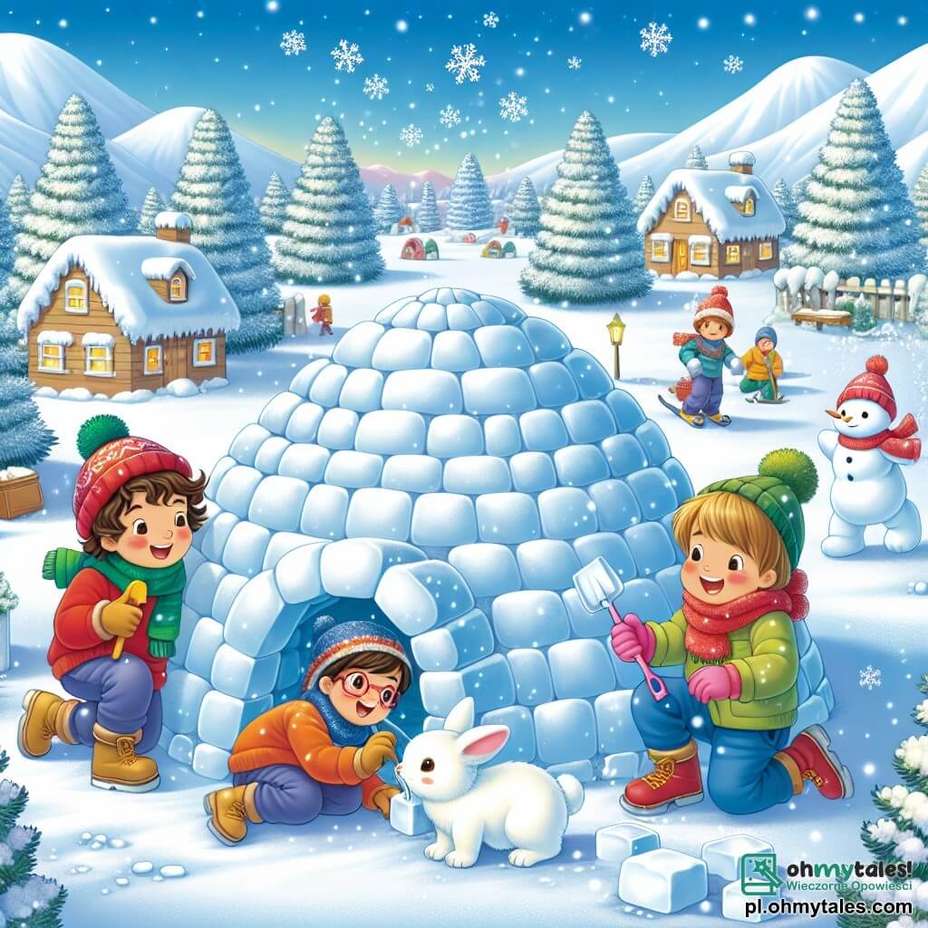 Ilustracja przedstawiająca magiczną zimową scenę w małej, zaśnieżonej wiosce. Na pierwszym planie igloo z lśniących bloków śniegu, otoczone delikatnie opadającymi płatkami śniegu. W tle majestatyczne drzewa, ich gałęzie obciążone śniegiem, wznoszą się pod jasnoniebieskim niebem. Trzech chłopców w wieku około 10 lat stoi obok igloo. Pierwszy chłopiec, z kręconymi brązowymi włosami, ma na sobie czerwoną czapkę i zielony szalik, uśmiechając się entuzjastycznie, trzyma plastikową łopatkę. Drugi chłopiec, z blond włosami i okularami, ubrany jest w niebieski kombinezon narciarski, klęczy, starannie formując blok śniegu. Trzeci chłopiec, z gładkimi kasztanowymi włosami, ma na sobie jaskrawożółty płaszcz i rękawice, z zachwytem obserwuje małego białego królika, który zbliża się do igloo. Główna sytuacja pokazuje chłopców w trakcie budowy igloo, śmiejących się i bawiących, podczas gdy ciekawski królik podchodzi, dodając magii tej radosnej zimowej scenie. Ślady stóp w śniegu prowadzą do igloo, a płatki śniegu tańczą w powietrzu, tworząc atmosferę zabawy i przygody.