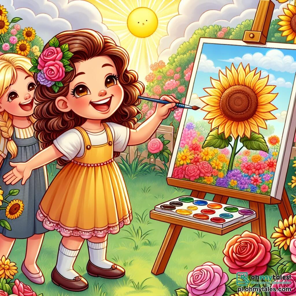 Une illustration sous forme de dessin destinée aux enfants représentant un jardin coloré et ensoleillé, avec des roses et des tournesols en fleurs, où une fille de 11 ans aux cheveux bruns et bouclés, portant une robe jaune, se tient joyeusement en train de peindre un tableau sur un chevalet, tandis qu'une autre fille de son âge, aux cheveux blonds et tressés, l'encourage avec un grand sourire, symbolisant la confiance en soi et l'amitié, alors qu'elles partagent un moment créatif et inspirant.