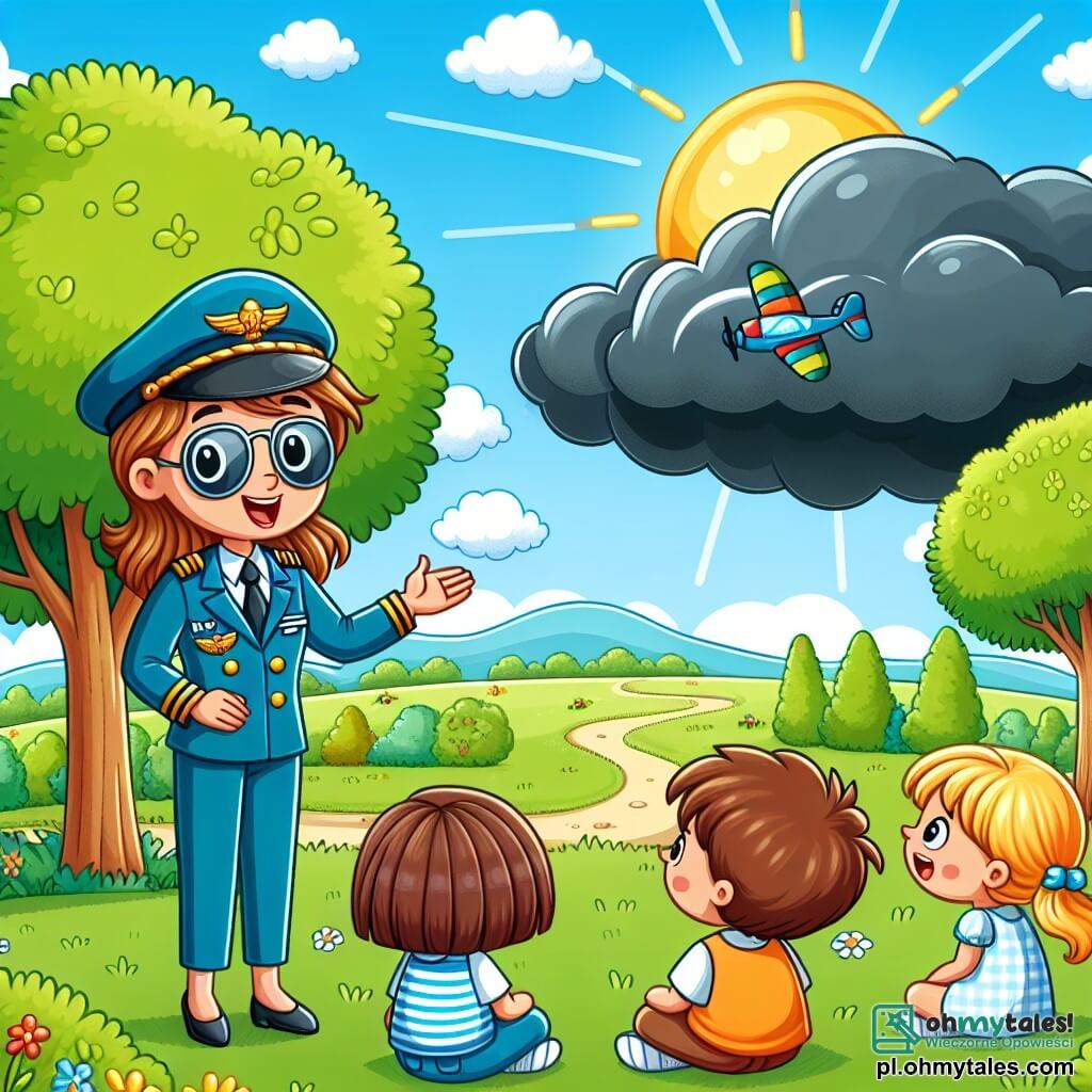 Une illustration sous forme de dessin destinée aux enfants représentant un parc ensoleillé avec des arbres verdoyants et un ciel bleu, où une femme pilote souriante, vêtue d'une combinaison de vol et portant des lunettes de soleil, explique avec enthousiasme aux enfants rassemblés autour d'elle, dont un garçon aux cheveux bruns et une fille aux cheveux blonds, fascinés par ses histoires de vol, tandis qu'un gros nuage sombre à l'horizon annonce une tempête imminente, ajoutant une touche d'aventure à la scène.