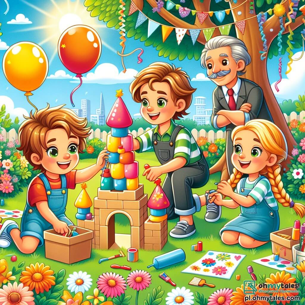 Une illustration sous forme de dessin destinée aux enfants représentant un jardin ensoleillé avec des fleurs colorées et un grand arbre, où un garçon de 7 ans aux cheveux bruns et aux yeux pétillants, souriant et plein d'énergie, est en train de construire un château de ballons en papier avec l'aide de sa voisine, une fille aux cheveux blonds et tressés, qui rit joyeusement tout en tenant un pinceau pour peindre les ballons de couleurs vives, tandis qu'un homme, leur père, les observe avec un sourire fier, entouré de ballons flottants et de guirlandes de papier, célébrant ensemble la fête des pères.
