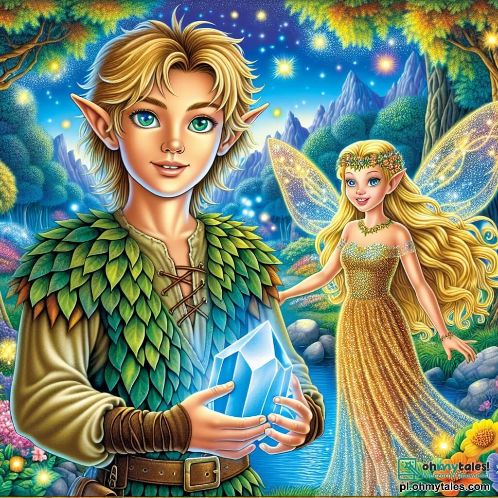 Une illustration sous forme de dessin destinée aux enfants représentant un magnifique et mystérieux forêt enchantée, où des arbres aux feuilles scintillantes et des fleurs colorées s'épanouissent sous un ciel bleu éclatant ; au centre, un jeune lutin aux cheveux dorés et aux yeux verts pétillants, vêtu d'une tunique en feuilles et de petites bottes en cuir, se tient avec un air déterminé, tenant un éclatant cristal bleu dans ses mains, tandis qu'à ses côtés, une belle fée aux longs cheveux dorés et à la robe scintillante, émergeant d'un étang magique, sourit avec bienveillance, alors qu'ils se préparent à affronter ensemble les défis d'une quête pour libérer la magie du royaume.