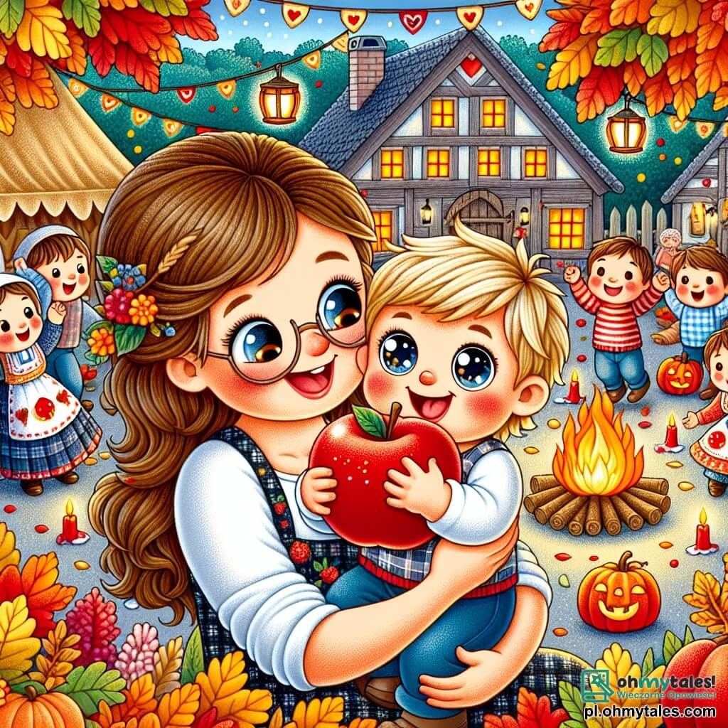 Une illustration sous forme de dessin destinée aux enfants représentant un charmant festival d'automne dans une petite village entouré d'arbres aux feuilles colorées, avec un garçon de 1 an aux cheveux blonds et aux yeux pétillants, tenant un gros pomme rouge dans ses petites mains, souriant joyeusement, tandis que sa maman, une femme aux cheveux bruns et aux lunettes, l'observe avec tendresse, alors qu'ils sont entourés de familles dansant autour d'un grand feu de camp, des lampions scintillants et des citrouilles décoratives ajoutant une touche festive à l'atmosphère chaleureuse et joyeuse de la scène.