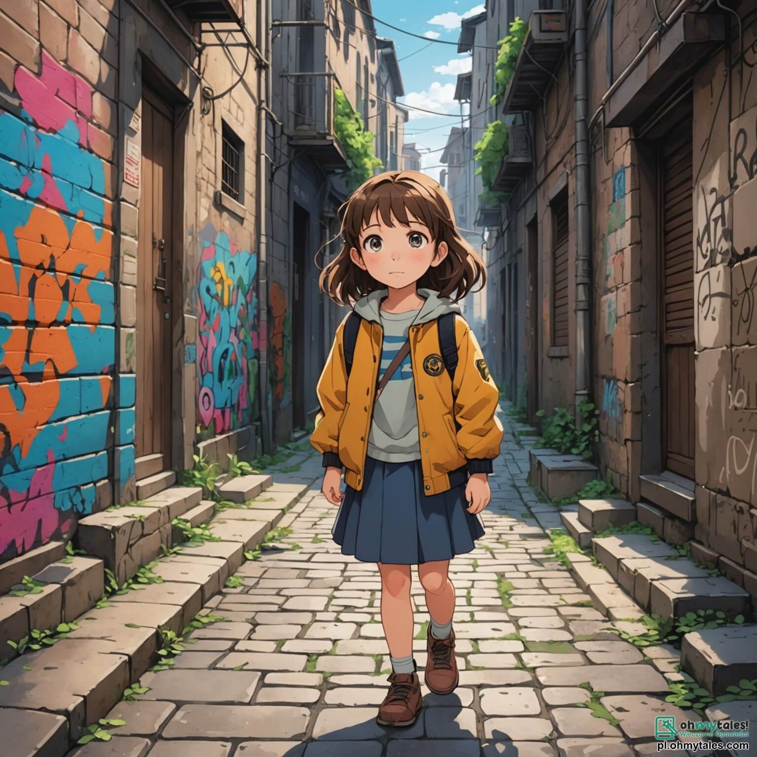 Une illustration destinée aux enfants représentant une petite fille aux cheveux bruns en bataille, dont les yeux brillent d'espoir malgré les vêtements usés qu'elle porte, se tenant dans une ruelle étroite d'un vieux quartier où les murs sont recouverts de graffitis colorés et où les pavés sont usés par le temps, entourée de son petit frère aux joues rondes et aux yeux curieux, tandis qu'elle rêve d'un monde meilleur où la pauvreté ne serait qu'un lointain souvenir, tout en partageant des moments de complicité avec sa maman, une femme au visage marqué par les épreuves, qui travaille dur dans une petite boulangerie du coin, où l'odeur du pain chaud se mêle aux cris des enfants jouant dans le parc voisin, créant un tableau vivant d'espoir et de résilience au cœur d'une réalité difficile.