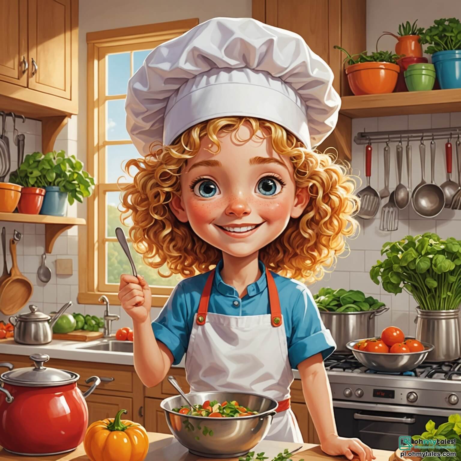 Une illustration destinée aux enfants représentant une talentueuse chef cuisinière aux cheveux bouclés et dorés, vêtue d'une toque blanche et d'un tablier coloré, se tenant avec enthousiasme au milieu de sa cuisine lumineuse et accueillante, où les murs sont ornés de pots d'herbes aromatiques et de tableaux de plats savoureux, tandis que des enfants, un garçon aux yeux pétillants et une fille aux tresses joyeuses, l'observent avec émerveillement, impatients de découvrir les secrets de la préparation d'un spaghetti coloré, le tout dans un cadre chaleureux et animé, où les odeurs délicieuses de légumes frais et d'épices flottent dans l'air, créant une atmosphère de magie culinaire et de rires.