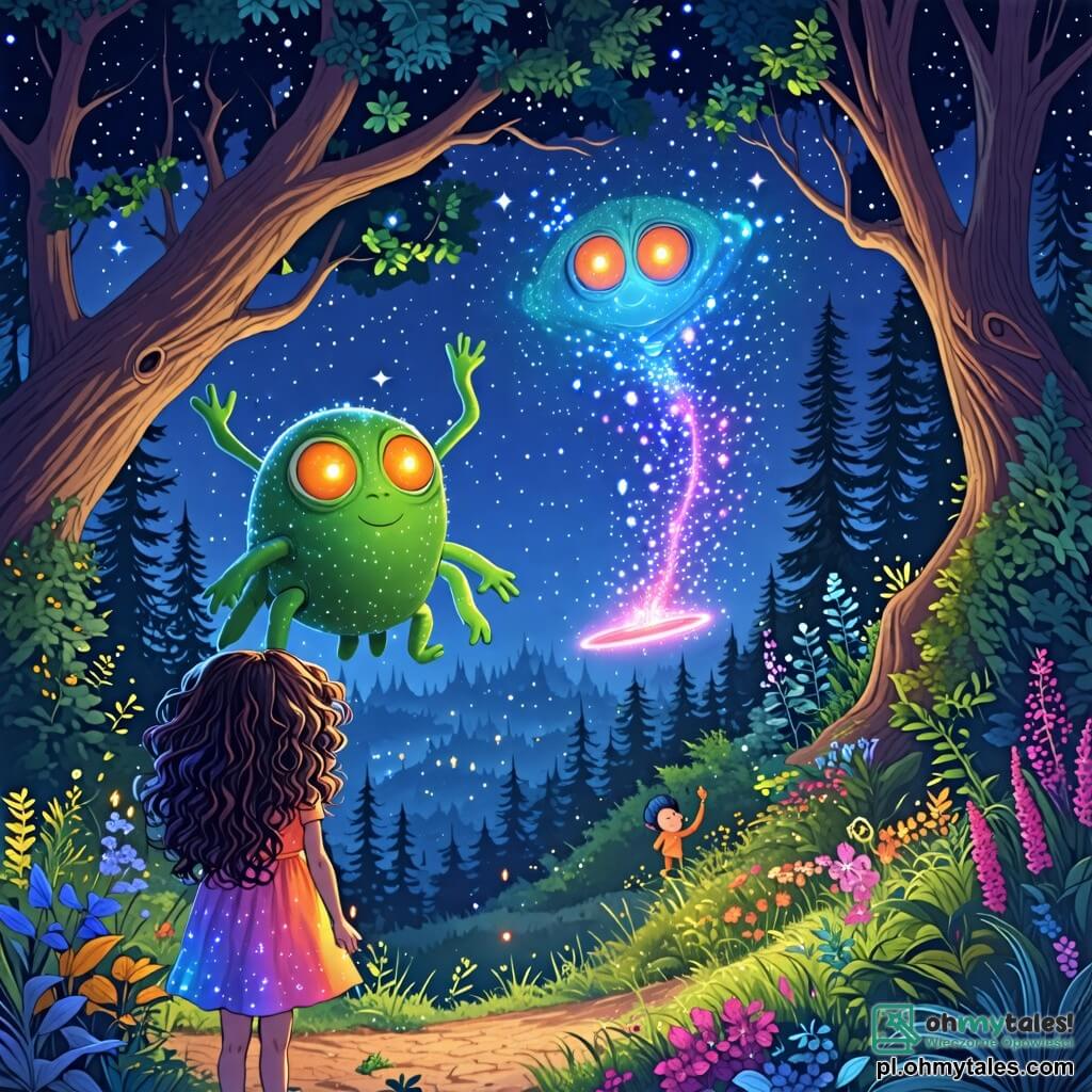 Une illustration sous forme de dessin destinée aux enfants représentant une forêt magique illuminée par des étoiles scintillantes, où une fille de 10 ans aux cheveux bouclés et aux yeux pétillants, vêtue d'une robe colorée, observe avec émerveillement une petite créature extraterrestre verte aux grands yeux brillants et aux bras élastiques, tandis qu'un autre extraterrestre, plus grand et aux couleurs vives, crée des hologrammes colorés dans l'air, capturant l'instant où ils unissent leurs forces pour défendre leur planète contre une ombre menaçante.