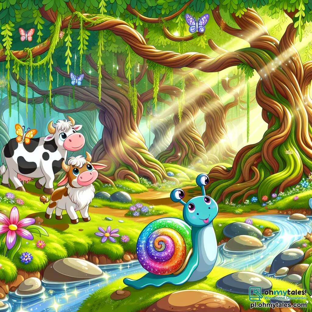 Ilustracja przedstawiająca magiczną scenę w zaczarowanym lesie, gdzie wysokie drzewa o skręconych pniach wznoszą się ku niebu, ich liście w intensywnym zielonym kolorze filtrują światło słoneczne, tworząc tańczące wzory na pokrytej miękkim mchem i kolorowymi kwiatami ziemi. W centrum mały ślimak w żywych kolorach, z błyszczącą spiralną muszlą jak tęcza, powoli i z determinacją posuwa się naprzód, jego ciekawe czułki wyciągnięte ku niebu. Obok niego figlarna cielę, z brązową sierścią i białymi plamami, obserwuje z uśmiechem, podczas gdy starsza krowa o czarno-białej sierści stoi w tle, przyglądając się scenie z życzliwością. Ślimak, pełen odwagi, przygotowuje się do przekroczenia lśniącego strumienia, otoczonego gładkimi kamieniami i dzikimi kwiatami, podczas gdy kolorowe motyle latają wokół, dodając magii tej przygodzie. Promienie słońca przebijają się przez liście, oświetlając scenę delikatnym złotym światłem, tworząc atmosferę snu i przyjaźni.