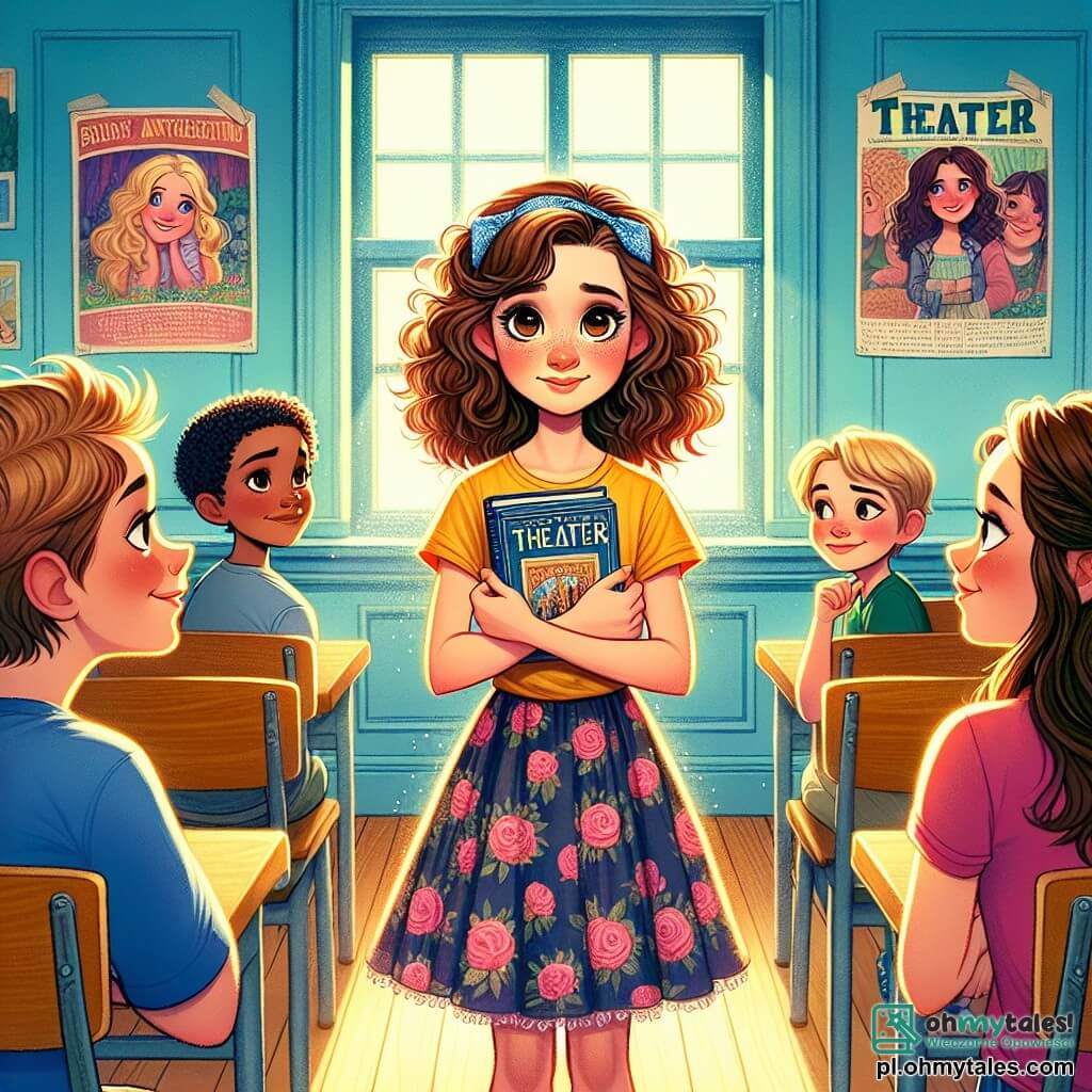 Ilustracja przedstawiająca scenę w jasnej klasie, z niebieskimi ścianami i kolorowymi plakatami o tematyce teatralnej. W centrum stoi 11-letnia dziewczynka z brązowymi, kręconymi włosami, w żółtej koszulce i kwiecistej spódnicy, z determinacją w spojrzeniu, gotowa podzielić się ważną prawdą z przyjaciółmi. Ma błyszczące oczy i nieśmiały uśmiech, trzymając w rękach książkę teatralną. Wokół niej dwóch przyjaciół: 12-letni chłopiec z krótkimi blond włosami, w czerwonej koszulce, słuchający jej z zachęcającym wyrazem twarzy, oraz 11-letnia dziewczynka z długimi prostymi włosami, w niebieskiej sukience, patrząca na nią z ciekawością i podziwem. Główna sytuacja pokazuje, jak dziewczynka przygotowuje się do wyznania przyjaciołom, że przesadziła z opowieściami o wakacjach, co jest momentem szczerości i odwagi. W tle drewniane ławki i kolorowe krzesła, a także okno wpuszczające światło słoneczne, tworzą ciepłą i przyjazną atmosferę, symbolizującą przestrzeń zaufania i przyjaźni.