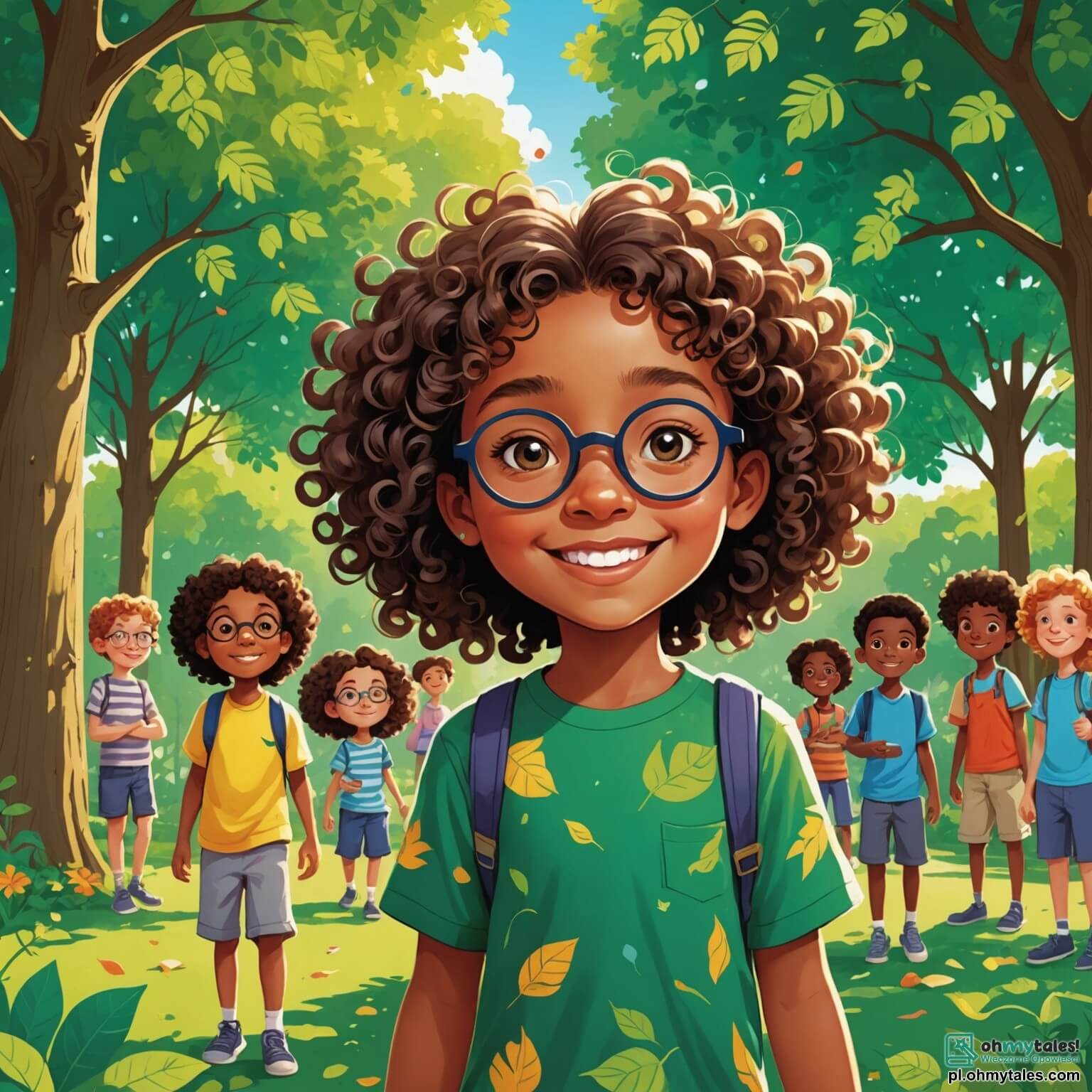 Une illustration destinée aux enfants représentant une jeune fille aux cheveux bouclés et aux yeux pétillants, pleine de curiosité et de joie, se tenant dans un parc verdoyant, où de grands arbres aux feuilles éclatantes dansent doucement au gré du vent, entourée de ses camarades de classe, dont un garçon aux lunettes et un autre garçon au sourire éclatant, tous réunis pour célébrer la diversité à travers des jeux et des plats typiques de leurs cultures respectives, créant ainsi une atmosphère chaleureuse et colorée, où les rires et les échanges d'histoires s'entrelacent comme les fleurs d'un jardin en pleine floraison.