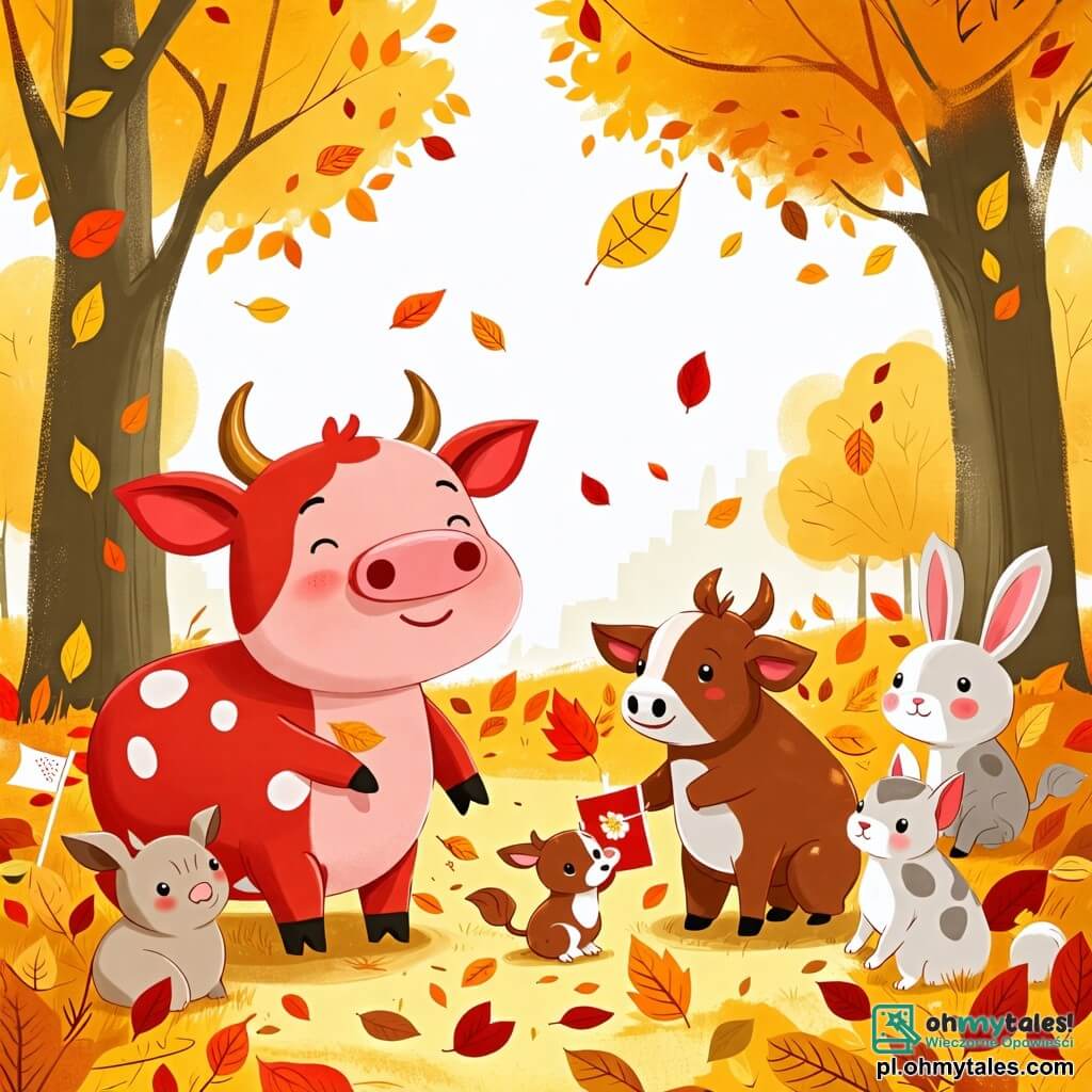 Une illustration sous forme de dessin destinée aux enfants représentant un parc ensoleillé avec des arbres aux feuilles dorées, où une petite cochonne rose aux grands yeux brillants et au sourire joyeux cherche un ornement coloré parmi des feuilles, entourée de ses amis : une vache rousse avec des taches blanches qui observe curieusement et une vachette brune qui tient un petit drapeau en papier, tandis qu'un groupe d'animaux, dont un lapin aux grandes oreilles et une wiewiórka au pelage soyeux, se rassemble autour d'eux, tous impatients de découvrir le trésor caché.