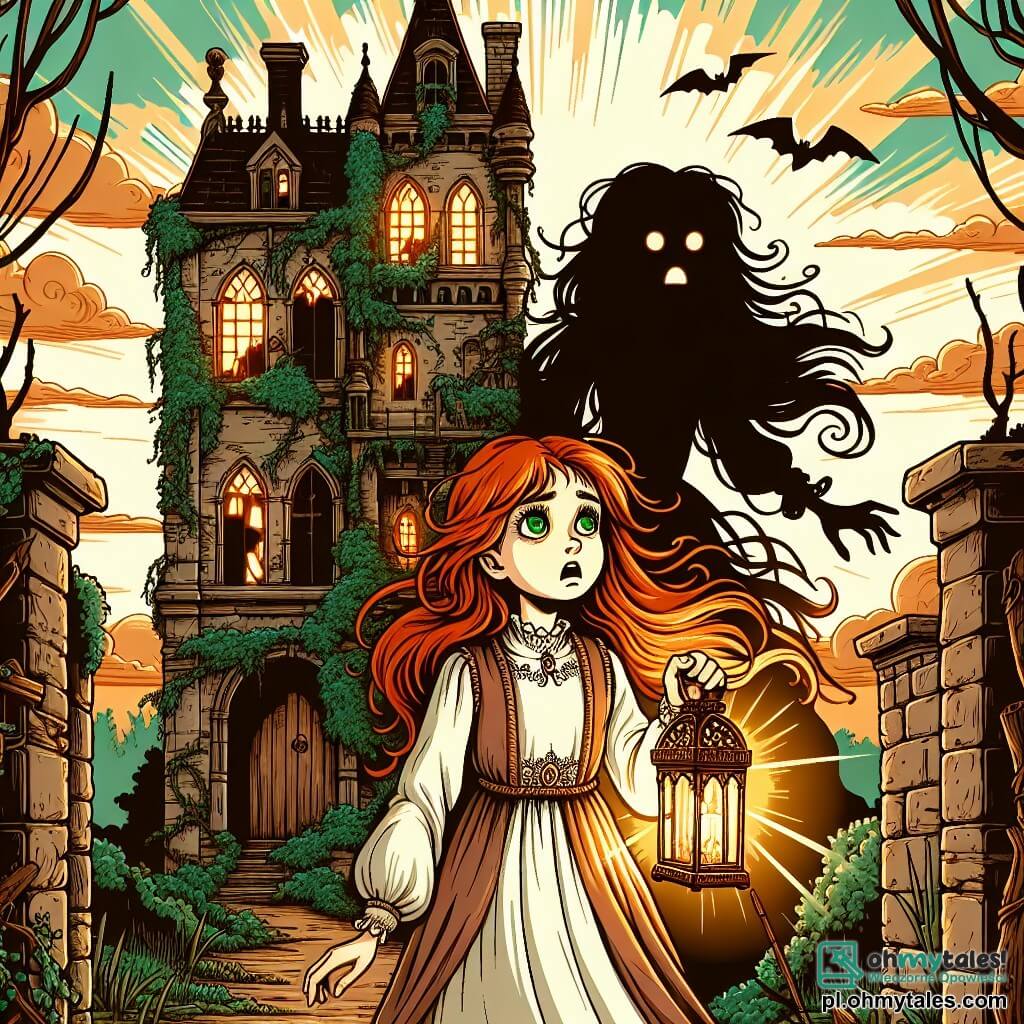 Une illustration sous forme de dessin destinée aux enfants représentant un ancien château mystérieux, aux murs couverts de lierre et aux fenêtres brisées, où une fille de 11 ans aux cheveux roux flamboyants et aux yeux verts pétillants, portant une robe simple, se tient courageusement à l'entrée, tenant une vieille lanterne, tandis qu'un ombre éthérée d'une autre jeune fille en robe blanche, avec des cheveux longs et flottants, apparaît derrière elle, les deux filles se préparant à affronter ensemble les secrets effrayants du château, illuminé par la lumière dorée du coucher de soleil qui filtre à travers les arbres environnants.