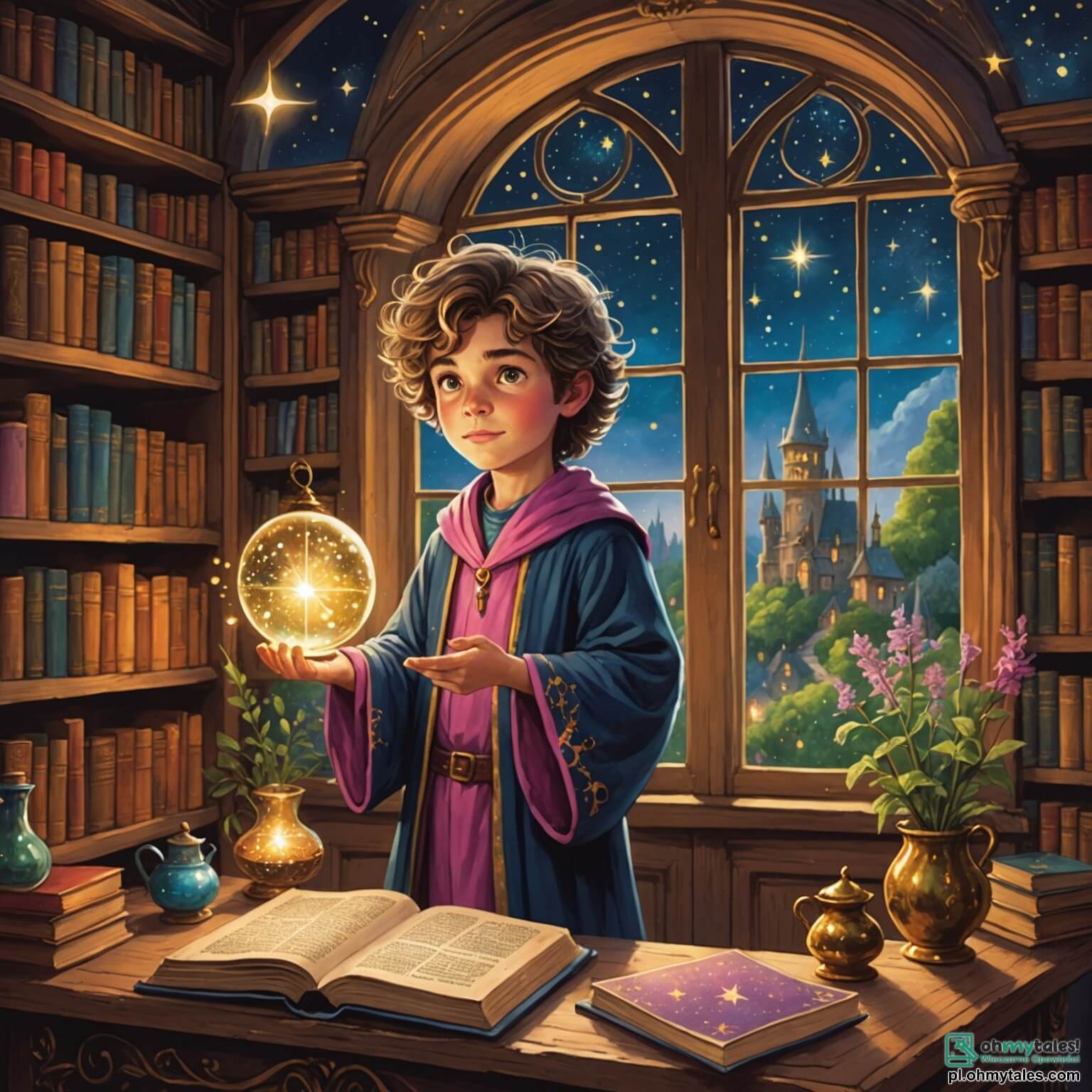 Une illustration destinée aux enfants représentant un jeune garçon apprenti sorcier aux cheveux ébouriffés, vêtu d'une robe étoilée, se tenant dans une chambre remplie de livres anciens aux couvertures dorées, de potions colorées scintillant sur une étagère en bois sculpté, et d'une fenêtre donnant sur un jardin enchanté où dansent des lucioles, tandis qu'à ses côtés, une petite fille sorcière aux yeux pétillants et à la robe rose l'encourage à réaliser un sort qui pourrait transformer sa petite souris en une majestueuse princesse.