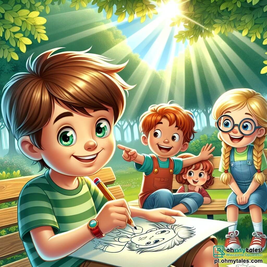 Une illustration sous forme de dessin destinée aux enfants représentant une scène dans un parc verdoyant, où un garçon de 9 ans aux cheveux châtains et aux yeux pétillants, assis sur un banc, dessine avec un crayon sur une feuille de papier, entouré de ses amis : une fille aux cheveux blonds tressés qui sourit et un garçon aux lunettes qui pointe du doigt un dessin, tandis qu'une douce lumière du soleil filtre à travers les arbres, symbolisant l'espoir et l'amitié malgré les changements dans sa vie familiale.