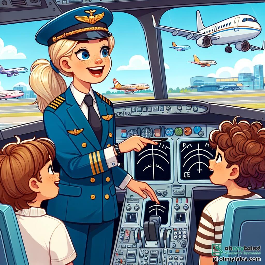 Une illustration sous forme de dessin destinée aux enfants représentant un aéroport animé avec des avions colorés en arrière-plan, où une femme pilote souriante aux cheveux blonds attachés en queue de cheval, vêtue d'une élégante uniforme bleu, montre avec enthousiasme le cockpit de son avion à une fille aux cheveux bruns et bouclés, vêtue d'une veste légère, et à un garçon aux cheveux châtains, portant un t-shirt à rayures, tous deux émerveillés par la vue des instruments de vol, symbolisant l'aventure et le rêve de devenir pilote.