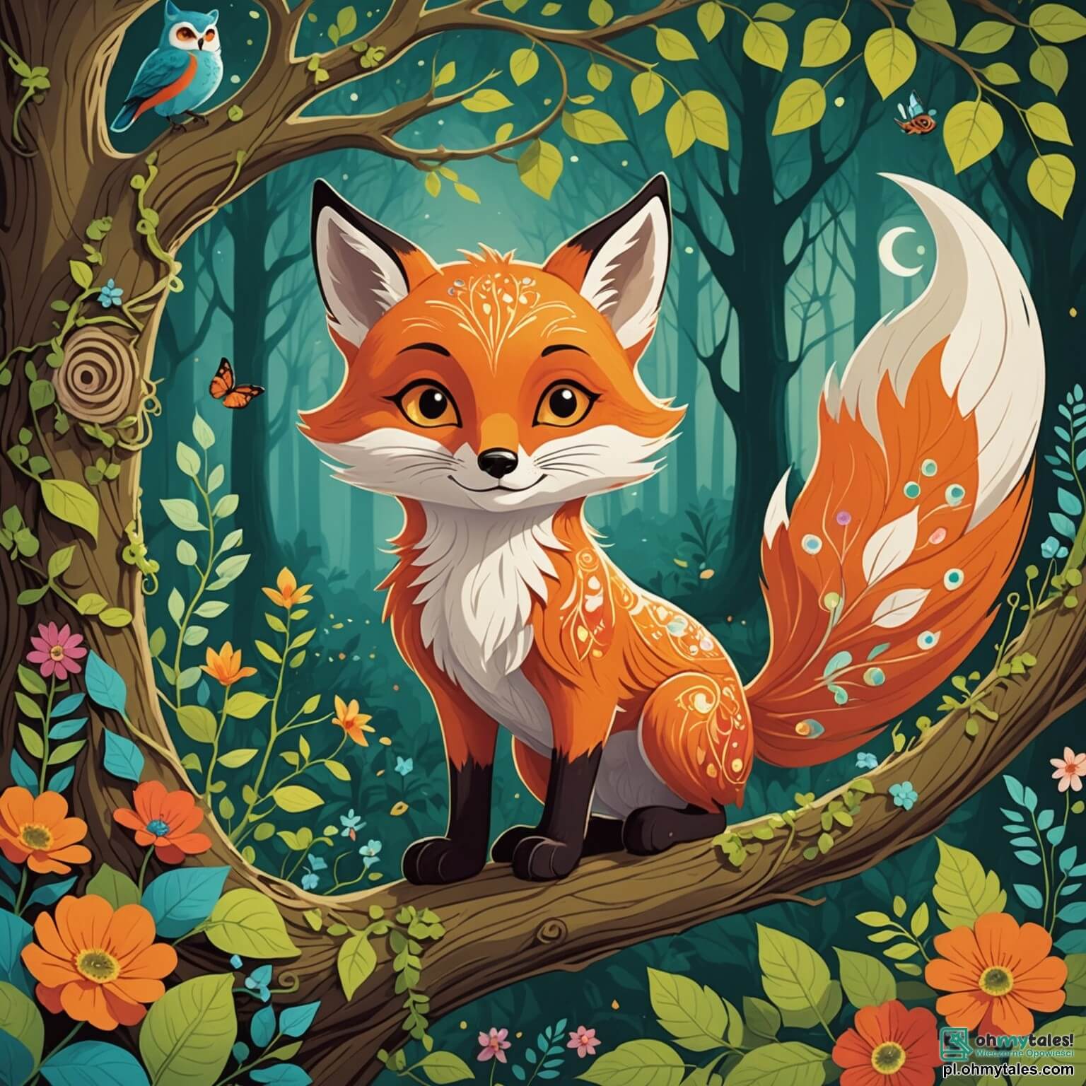 Une illustration destinée aux enfants représentant un renard aux yeux pétillants de malice et à la fourrure flamboyante, se faufilant avec agilité à travers une forêt enchantée où les arbres majestueux, drapés de lianes verdoyantes et ornés de fleurs éclatantes, murmurent des secrets anciens, tandis qu'une sage chouette perchée sur une branche basse observe attentivement les aventures du rusé animal, qui, en quête d'une mystérieuse boule magique capable de réaliser des souhaits, découvre l'importance de protéger son habitat naturel et d'apprendre des leçons précieuses sur l'amitié et la responsabilité.