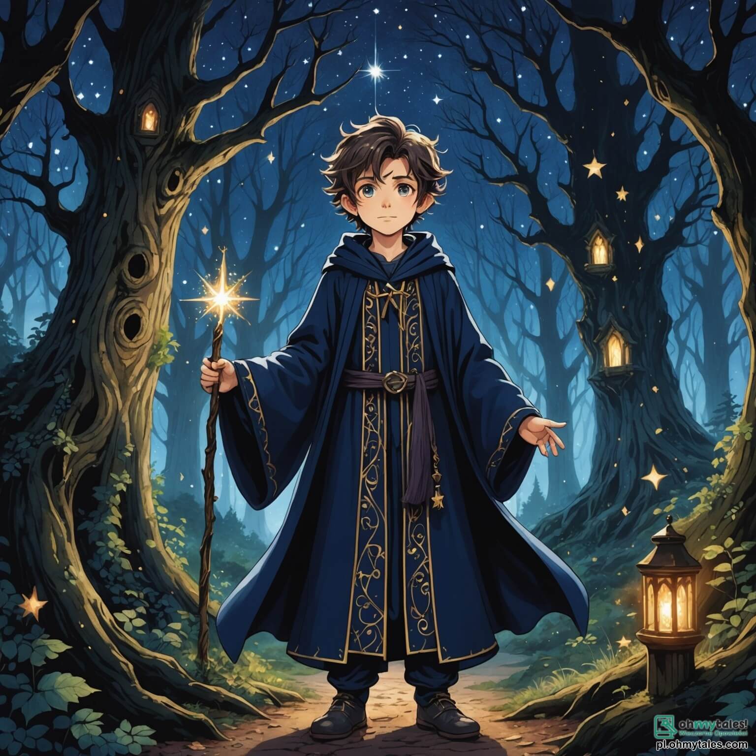 Une illustration destinée aux enfants représentant un jeune sorcier aux cheveux ébouriffés et aux yeux pétillants de curiosité, vêtu d'une robe en velours bleu nuit ornée d'étoiles scintillantes, se tenant au seuil d'un mystérieux et ancien bois, où les arbres majestueux aux troncs noueux s'élèvent vers le ciel comme des géants endormis, leurs feuilles chuchotant des secrets oubliés, tandis qu'une sage et bienveillante sorcière aux longs cheveux argentés et à la voix douce, vêtue d'une robe verte brodée de lianes dorées, l'accompagne dans sa quête pour découvrir la magie cachée des lieux enchantés, où des créatures féeriques et des éclats de lumière dansent dans l'air, promettant des aventures extraordinaires et des leçons de sagesse à chaque pas.