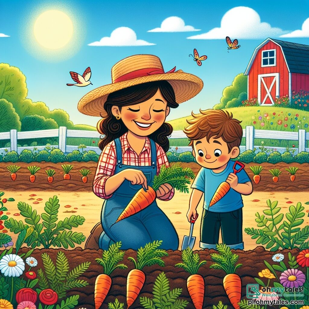 Ilustracja przedstawiająca słoneczną farmę, z zielonymi polami warzyw i rzędami pomarańczowych marchewek wystających z ziemi. Na pierwszym planie uśmiechnięta kobieta o kasztanowych włosach, nosząca słomkowy kapelusz i w kratkę bluzkę, klęczy, delikatnie wyciągając marchewkę z ziemi. Obok niej młody chłopiec w wieku około ośmiu lat, z rozczochranymi blond włosami i niebieską koszulą, z zachwytem obserwuje, trzymając małą plastikową łopatkę. Scena emanuje radosną i ciepłą atmosferą, z ptakami śpiewającymi na niebieskim niebie i motylami wirującymi wokół kolorowych kwiatów. W tle widać czerwoną stodołę i zadbany ogród, co dodaje urokowi tego miejsca.
