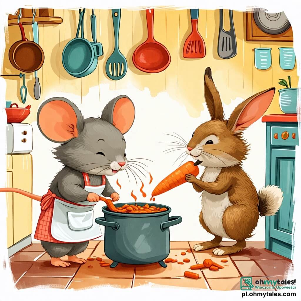 Une illustration sous forme de dessin destinée aux enfants représentant une petite cuisine chaleureuse, avec des murs colorés et des ustensiles suspendus, où une souris aux grandes oreilles et au pelage gris clair, vêtue d'un petit tablier, se penche joyeusement au-dessus d'un grand pot en ébullition, tandis qu'un adorable lapin aux grandes pattes et au pelage brun, avec un sourire espiègle, se tient à côté d'elle en tenant une énorme carotte, le tout dans une ambiance ludique et amusante, illustrant le moment où ils préparent ensemble une délicieuse soupe de carottes.