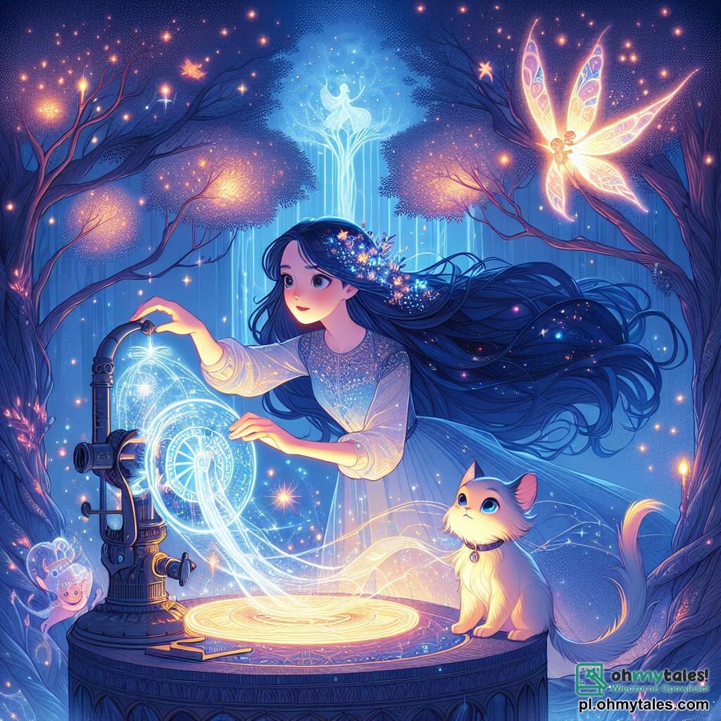 Ilustracja przedstawiająca magiczną scenę w Krainie Niebieskich Snów, gdzie świecące drzewa z błyszczącymi liśćmi wznoszą się ku gwiaździstemu niebu. W centrum obrazu młoda kobieta o długich, falujących, głęboko niebieskich włosach nosi lekką suknię ozdobioną gwiezdnymi wzorami. Manipuluje błyszczącą maszyną, łącząc magię z technologią, z wyrazem determinacji na twarzy. Obok niej małe stworzenie przypominające mieszankę kota i smoka, z iryzującymi łuskami i błyszczącymi oczami, uważnie obserwuje, gotowe do pomocy. W tle unoszą się wróżkowe istoty, dodając tajemniczości scenie. Światło wydobywające się z maszyny oświetla twarz młodej kobiety, tworząc atmosferę nadziei i przygody, podczas gdy wokół nich otwierają się błyszczące portale, symbolizujące światy do odkrycia.