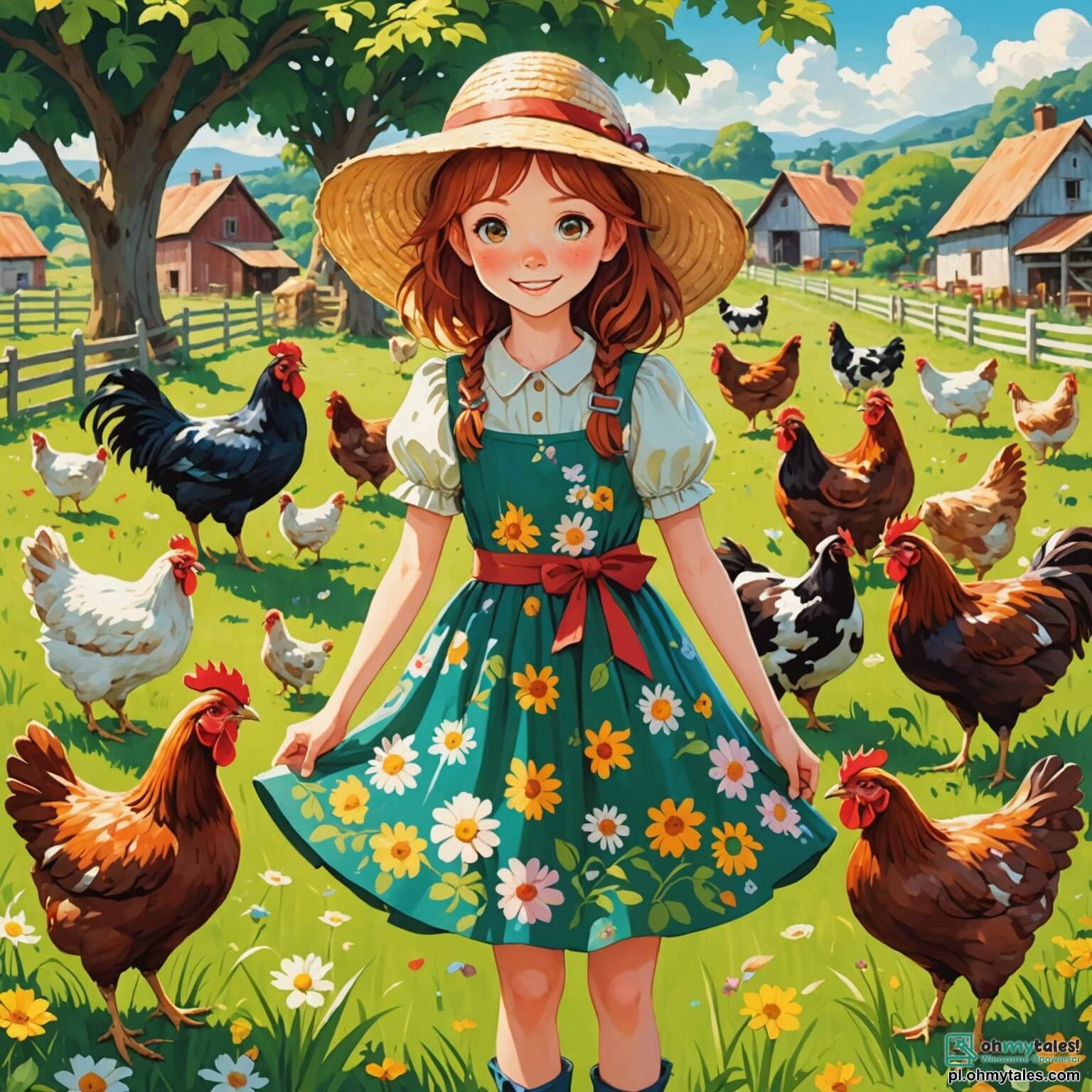 Une illustration destinée aux enfants représentant une femme joyeuse aux cheveux châtains, vêtue d'une robe à fleurs et d'un chapeau de paille, se tenant au milieu de sa ferme colorée, entourée de poules aux plumes éclatantes picorant le sol, de vaches paisibles broutant l'herbe verte et luxuriante, tandis que deux enfants, une fille aux yeux pétillants et un garçon curieux, s'émerveillent devant les œufs fraîchement pondus dans le kurnik, le tout baigné par la lumière dorée du soleil qui éclaire les champs dorés de blé et les arbres fruitiers chargés de fruits juteux, créant une scène idyllique de vie rurale.