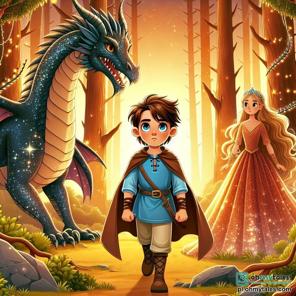 Une illustration sous forme de dessin destinée aux enfants représentant une forêt enchantée, où un garçon de 11 ans aux cheveux châtains et aux yeux pétillants, vêtu d'une tunique bleue et d'un pantalon en toile, se tient courageusement devant un immense dragon aux écailles étincelantes, tandis qu'une princesse aux longs cheveux dorés et à la robe scintillante observe la scène avec espoir, le tout baigné dans une lumière dorée du coucher de soleil, symbolisant l'aventure et le courage face à l'adversité.