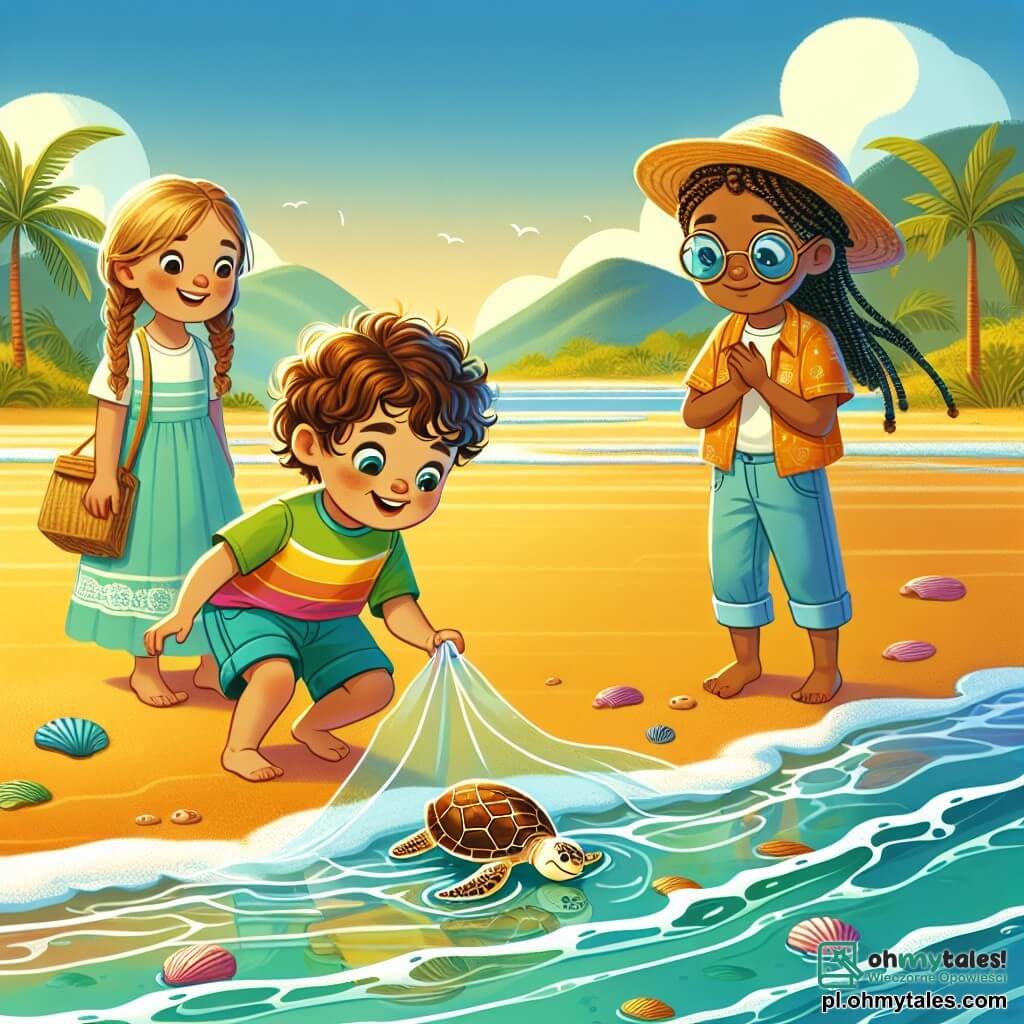 Une illustration sous forme de dessin destinée aux enfants représentant une plage ensoleillée avec des vagues douces et du sable doré, où un petit garçon de 2 ans aux cheveux bouclés et aux yeux pétillants, vêtu d'un t-shirt coloré et de shorts, s'agenouille pour libérer un petit tortue coincée dans une filets en plastique, tandis qu'une petite fille aux cheveux longs et tressés, portant une robe légère, et un garçon aux lunettes de soleil et un chapeau de paille, l'observent avec des expressions d'encouragement et d'excitation, le tout entouré de coquillages et de palmiers dans un cadre joyeux et aventureux.