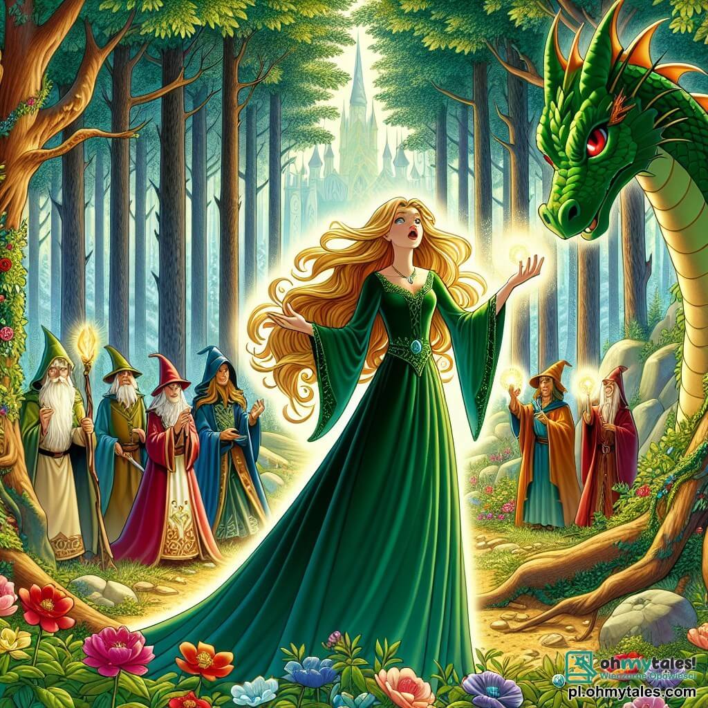 Une illustration sous forme de dessin destinée aux enfants représentant une forêt enchantée aux arbres majestueux et aux fleurs colorées, où une jeune femme aux longs cheveux dorés, vêtue d'une robe en soie verte, se tient courageusement au centre, levant les mains pour canaliser une puissante magie, tandis qu'un grand dragon vert aux yeux rubis, avec des écailles scintillantes, l'observe attentivement, et plusieurs sorciers aux robes colorées se tiennent en arrière-plan, prêts à l'aider dans sa quête pour récupérer un artefact magique volé, le tout baigné dans une lumière dorée et mystérieuse.