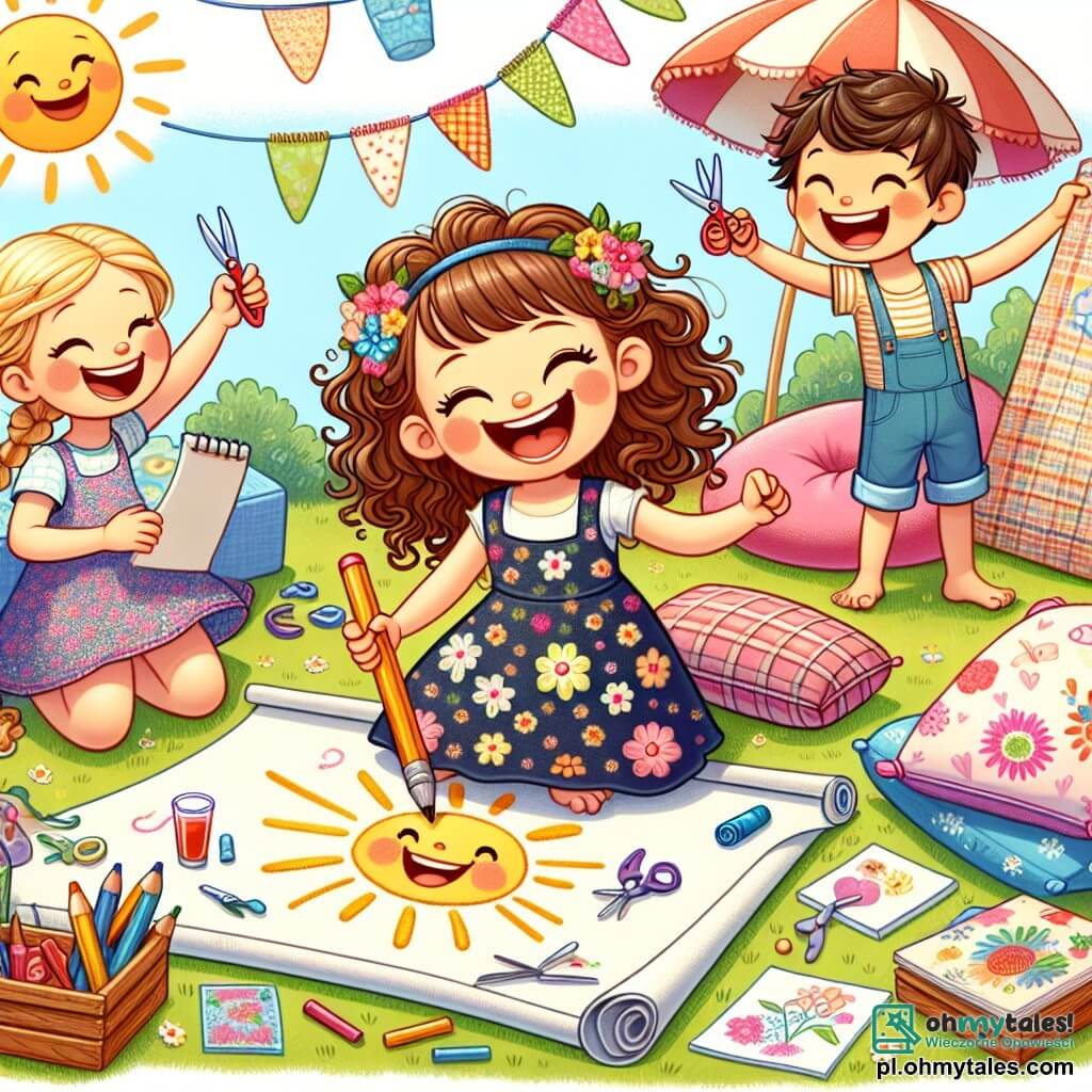Une illustration sous forme de dessin destinée aux enfants représentant un jardin ensoleillé et coloré, où une fille de 7 ans aux longs cheveux bouclés et un grand sourire, vêtue d'une robe à fleurs, s'amuse à dessiner sur une grande feuille de papier, tandis que deux de ses amis, un garçon grand avec des taches de jus de pomme sur le front et une petite fille aux cheveux courts tenant des ciseaux et des morceaux de tissu, l'observent en riant, alors qu'ils viennent de créer un parc d'attractions improvisé avec des coussins et des couvertures, remplis de joie et de rires.