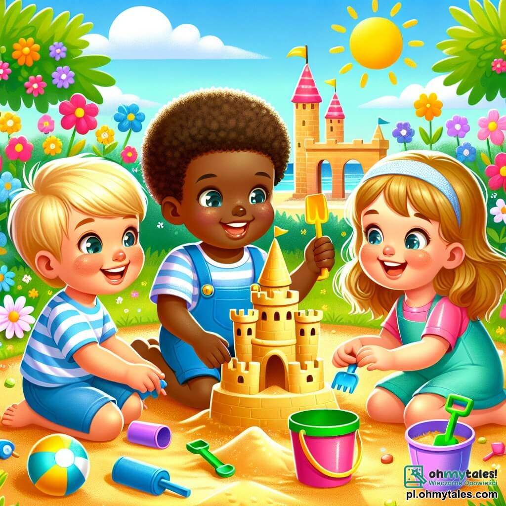 Illustration destinée aux enfants représentant une scène joyeuse dans une petite aire de jeux ensoleillée, entourée de fleurs colorées et de verdure luxuriante. Au premier plan, un garçon de 3 ans, aux cheveux blonds et aux yeux pétillants, s'agenouille dans le sable doré, concentré sur la construction d'un château de sable avec des tours élancées. À côté de lui, un garçon de 4 ans, d'origine africaine, avec des cheveux crépus et un sourire éclatant, tient une petite pelle en plastique, prêt à ajouter des détails au château. Non loin, une petite fille de 5 ans, aux cheveux longs et blonds, portant une robe rose, rit en observant les deux garçons, impatiente de participer à la construction. La scène dégage une atmosphère de camaraderie et de joie, illustrant l'idée que l'amitié transcende les différences culturelles et ethniques. Des jouets colorés, comme une balle et des seaux, sont éparpillés autour d'eux, ajoutant une touche de vie à cette belle journée d'été.