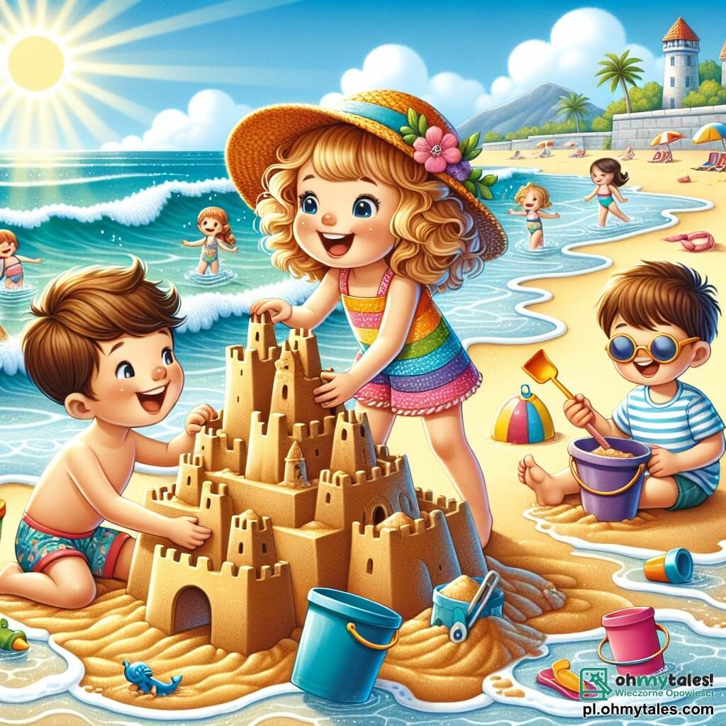 Une illustration sous forme de dessin destinée aux enfants représentant une plage ensoleillée avec du sable doré et des vagues turquoise, où une petite fille de 5 ans aux cheveux bouclés et blonds, portant un maillot de bain coloré et un chapeau de paille, s'amuse à construire un grand château de sable, tandis qu'un garçon de son âge aux cheveux bruns et courts, vêtu d'un t-shirt à rayures, l'aide en ajoutant des seaux de sable, et une autre petite fille aux cheveux châtains, portant des lunettes de soleil, les regarde en souriant, tous trois riant et profitant de leurs vacances d'été en pleine créativité et joie.