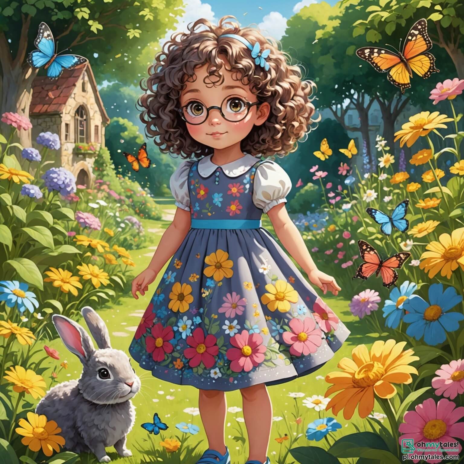 Une illustration destinée aux enfants représentant une petite fille aux cheveux bouclés et aux yeux pétillants, vêtue d'une robe colorée ornée de fleurs, se tenant au milieu d'un jardin ensoleillé rempli de fleurs multicolores et de papillons virevoltant autour d'elle, alors qu'elle cherche désespérément son précieux compagnon en peluche, un petit lapin gris, aidée par ses deux amis, un garçon curieux aux lunettes et une fille espiègle avec des tresses, tous trois plongés dans une enquête palpitante au cœur de leur quartier pittoresque, où les maisons aux façades pastel et les arbres majestueux créent une atmosphère magique et pleine de mystères à résoudre.