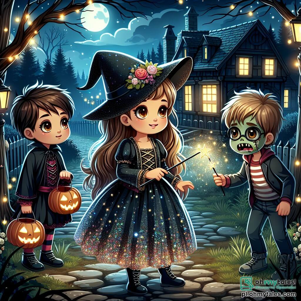 Une illustration sous forme de dessin destinée aux enfants représentant une nuit d'Halloween dans un petit miasteczko, avec une fille de 11 ans aux longs cheveux bruns, vêtue d'un costume de petite sorcière scintillant, tenant une baguette magique et entourée de ses amis : un garçon déguisé en zombie avec un maquillage effrayant et une fille en robe de princesse sombre, tous les trois regardant avec émerveillement une mystérieuse chatka dans la forêt, où des lumières scintillantes et des ombres dansent, évoquant une aventure magique et pleine de mystère.