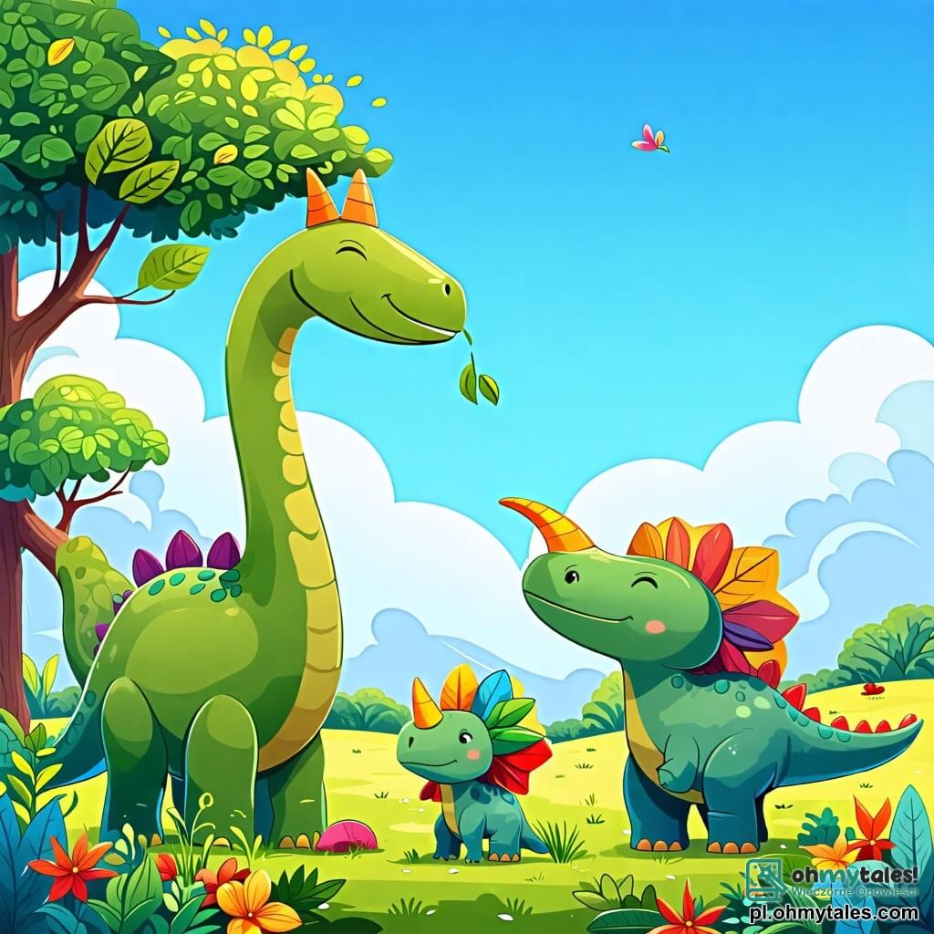 Une illustration sous forme de dessin destinée aux enfants représentant une vaste prairie verdoyante sous un ciel bleu éclatant, où un grand diplodocus à long cou et à peau verte se penche pour manger des feuilles d'un arbre, tandis qu'un petit triceratops aux cornes colorées et un jeune stégosaure avec des plaques en forme de bouclier se tiennent à ses côtés, tous trois souriants et joyeux, partageant un moment d'amitié et de découverte en cherchant de délicieuses plantes à déguster.