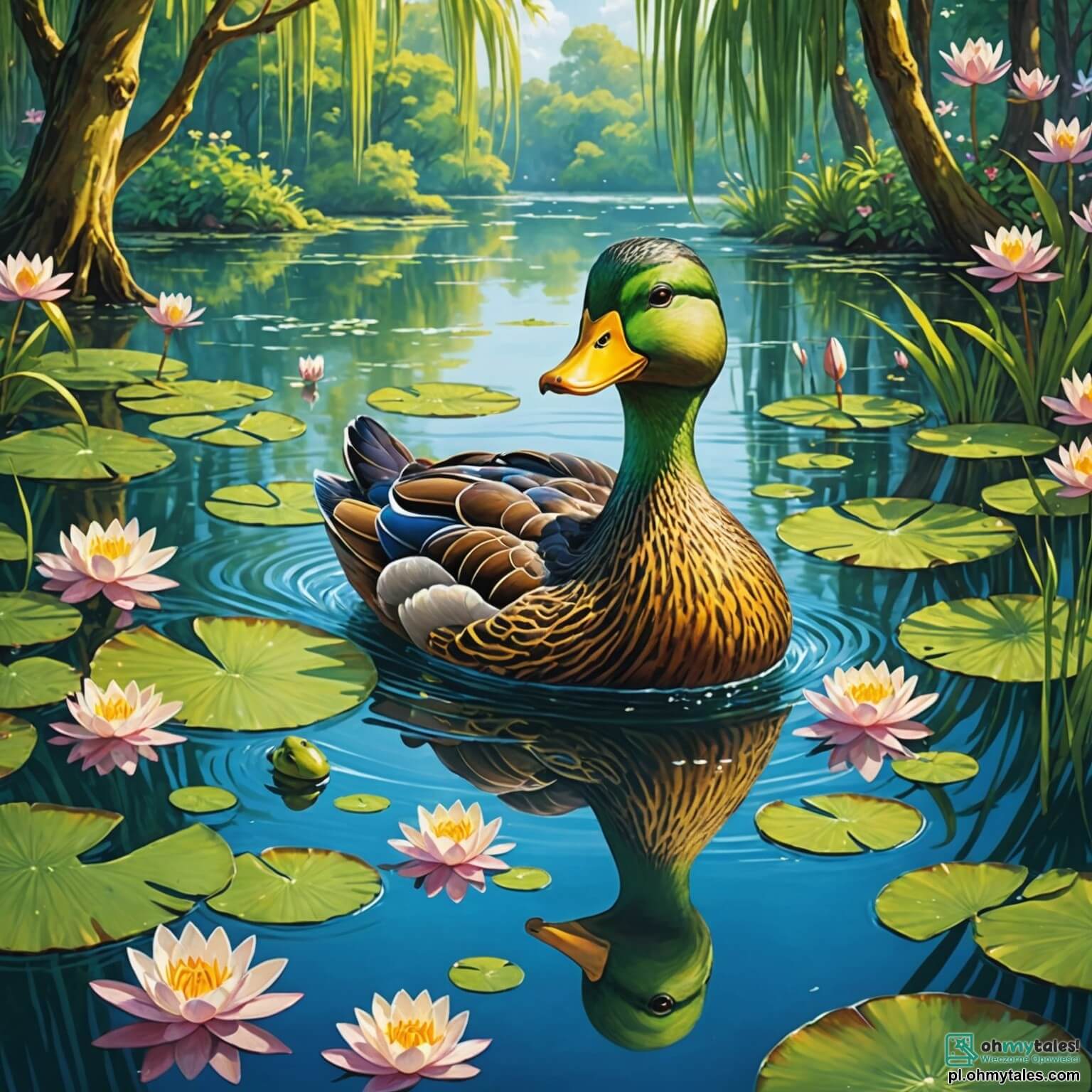 Une illustration destinée aux enfants représentant un canard aux plumes éclatantes, se pavanant avec fierté sur les eaux scintillantes d'un lac enchanté, entouré de nénuphars aux pétales délicats et de saules pleureurs dont les branches effleurent la surface miroitante, tandis qu'il rêve de partager la beauté de son monde aquatique avec ses amis, une joyeuse grenouille espiègle et un sage tortue au pas lent, tous deux impatients de participer à une fête magique qui rassemblera tous les animaux de la forêt pour célébrer l'harmonie et la joie de vivre au bord de ce paysage idyllique où le ciel se teinte de couleurs pastel au coucher du soleil.
