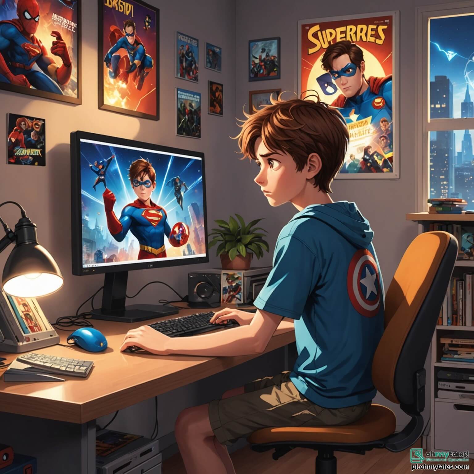 Une illustration destinée aux enfants représentant un garçon aux cheveux châtains, aux yeux pétillants de curiosité, assis devant un ordinateur dans sa chambre aux murs ornés de posters de super-héros et de jeux vidéo, où la lumière douce d'une lampe éclaire son visage inquiet alors qu'il reçoit des messages cruels d'un inconnu, tandis que sa maman, une femme aux cheveux bruns en chignon, entre dans la pièce avec une expression de préoccupation sur son visage, prête à l'écouter et à l'aider à surmonter cette tempête d'angoisse et de tristesse qui l'entoure, transformant cet espace de jeu en un champ de bataille émotionnel.