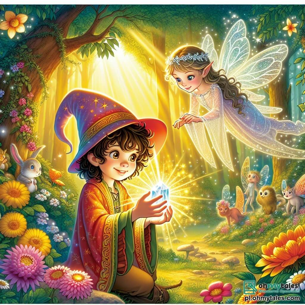 Une illustration sous forme de dessin destinée aux enfants représentant une clairière enchantée dans une forêt magique, baignée de lumière dorée, où un jeune sorcier aux cheveux bouclés et aux yeux pétillants, vêtu d'une robe colorée, tient un petit cristal brillant dans ses mains, tandis qu'une délicate fée aux ailes argentées, flottant à ses côtés, l'observe avec un sourire bienveillant, alors qu'ils se préparent à utiliser la magie du cristal pour restaurer l'harmonie dans leur monde, entourés de fleurs éclatantes et de créatures fantastiques émerveillées.