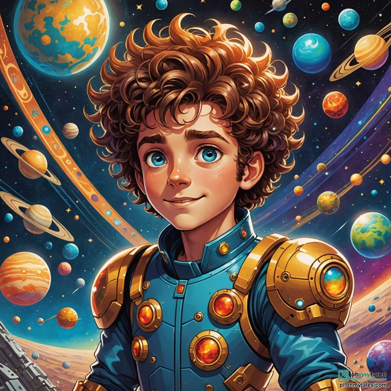 Une illustration destinée aux enfants représentant un homme courageux aux cheveux ébouriffés et aux yeux pétillants d'aventure, flottant dans l'immensité scintillante de l'espace, entouré de planètes colorées aux anneaux chatoyants et de nébuleuses éclatantes, tandis qu'il tente de réparer un gigantesque satellite doré, avec l'aide de son fidèle compagnon robot, un petit être métallique aux yeux lumineux et au sourire amical, le tout se déroulant dans un univers où les étoiles brillent comme des diamants sur un fond noir velouté, créant une atmosphère magique et pleine de promesses d'exploration.