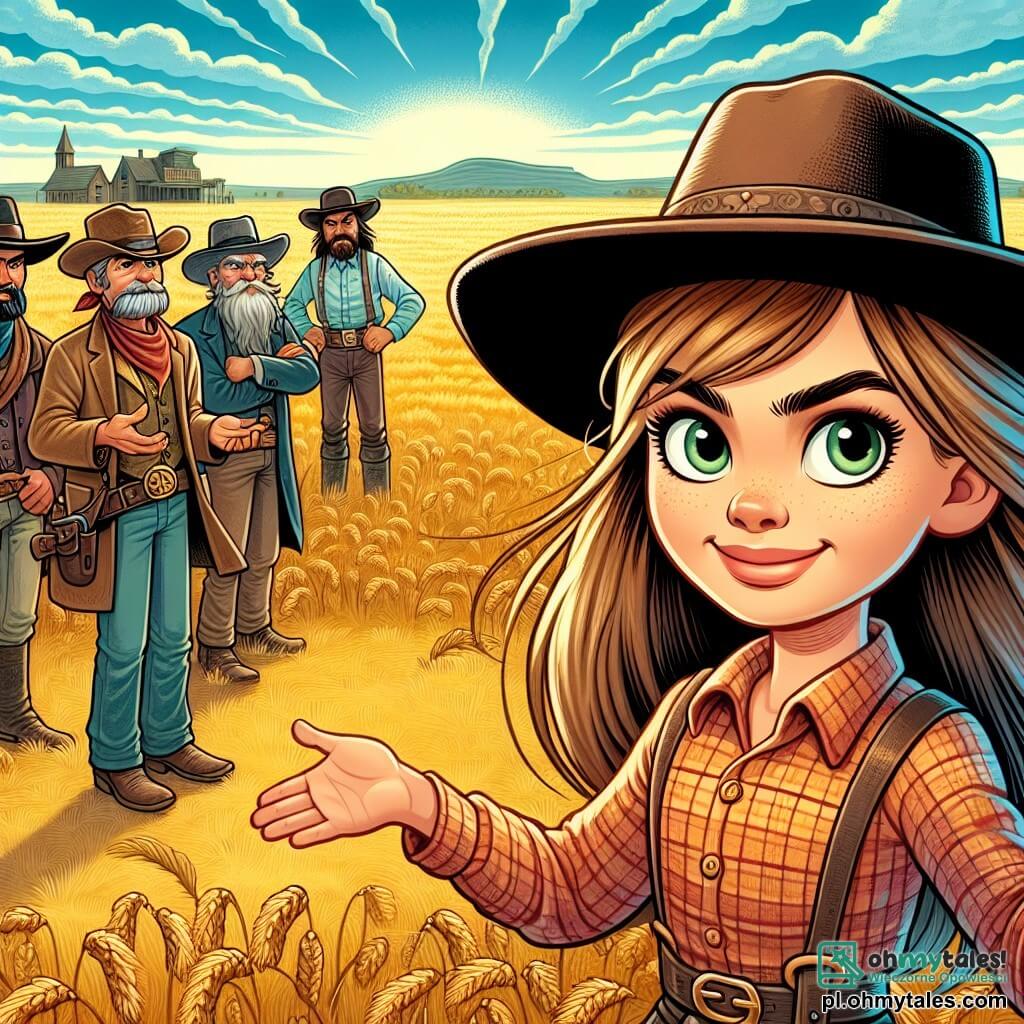 Une illustration sous forme de dessin destinée aux enfants représentant un vaste paysage de prairie dorée sous un ciel bleu éclatant, où une courageuse jeune fille aux longs cheveux châtain et aux yeux verts, vêtue d'un chapeau de cow-boy et d'une chemise à carreaux, se tient fièrement devant un groupe de cow-boys aux visages rudes, l'un d'eux, un homme à la moustache épaisse, gesticulant avec colère, tandis qu'un vieux fermier, au visage ridé et à la casquette usée, se tient en arrière-plan, inquiet, alors qu'ils sont en plein débat sur la terre, symbolisant la lutte pour la justice et le courage dans le Far West.